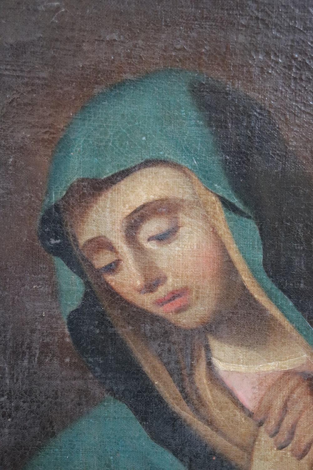 Oiled 18th Century Italian Antique Oil on Canvas Painting Sorrowful Mary