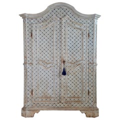 Antique 18th Century Italian Armoire with Hand Painted Lattice Work in Grey/Blue