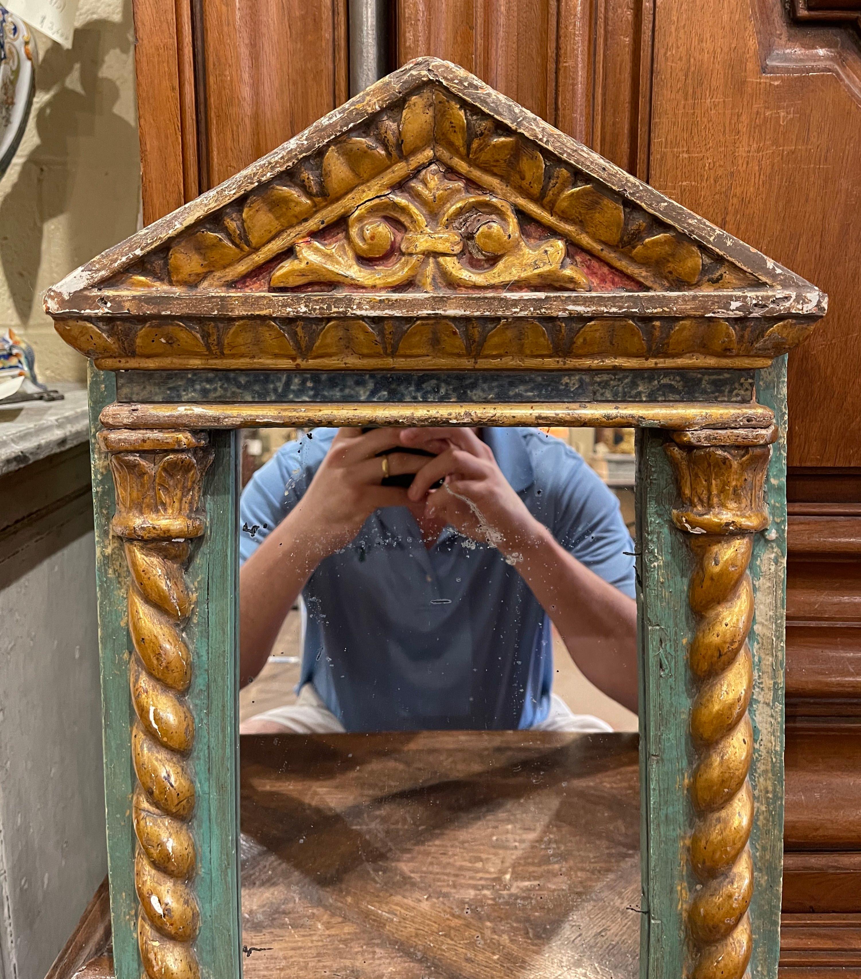 Hand-Carved 18th Century Italian Baroque Carved Giltwood and Polychrome Wall Mirror