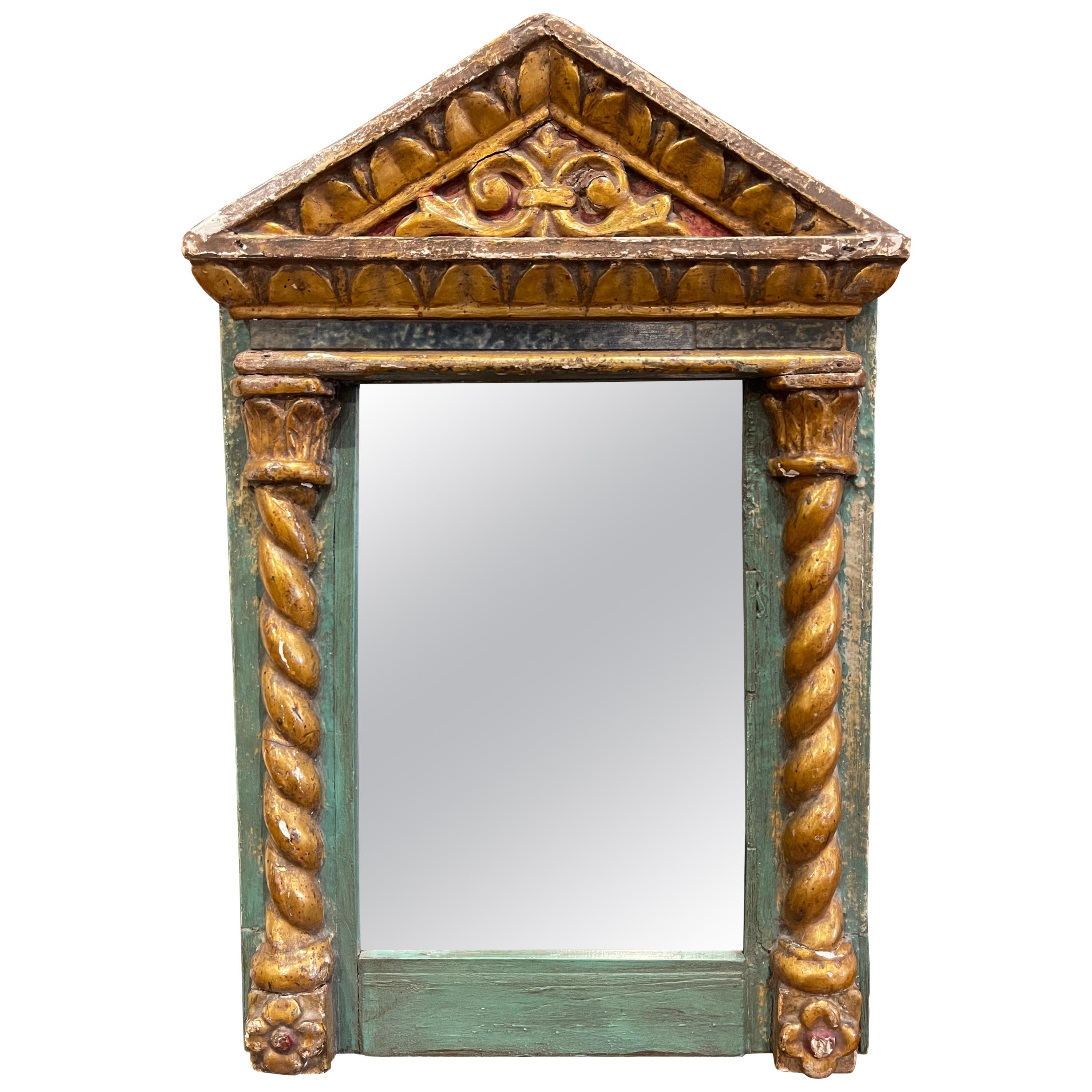 18th Century Italian Baroque Carved Giltwood and Polychrome Wall Mirror