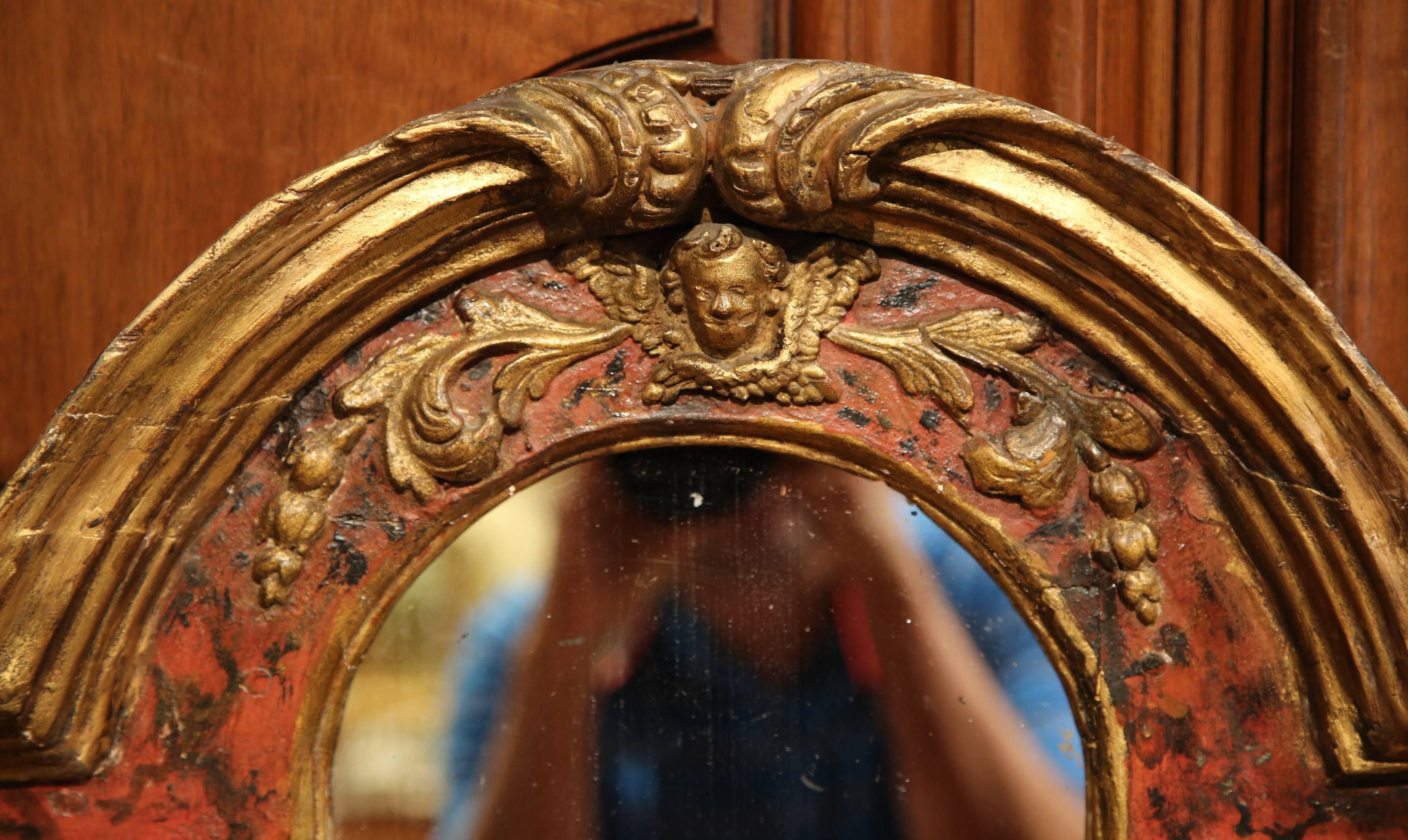 Mercury Glass 18th Century Italian Baroque Carved Polychrome and Giltwood Wall Mirror For Sale