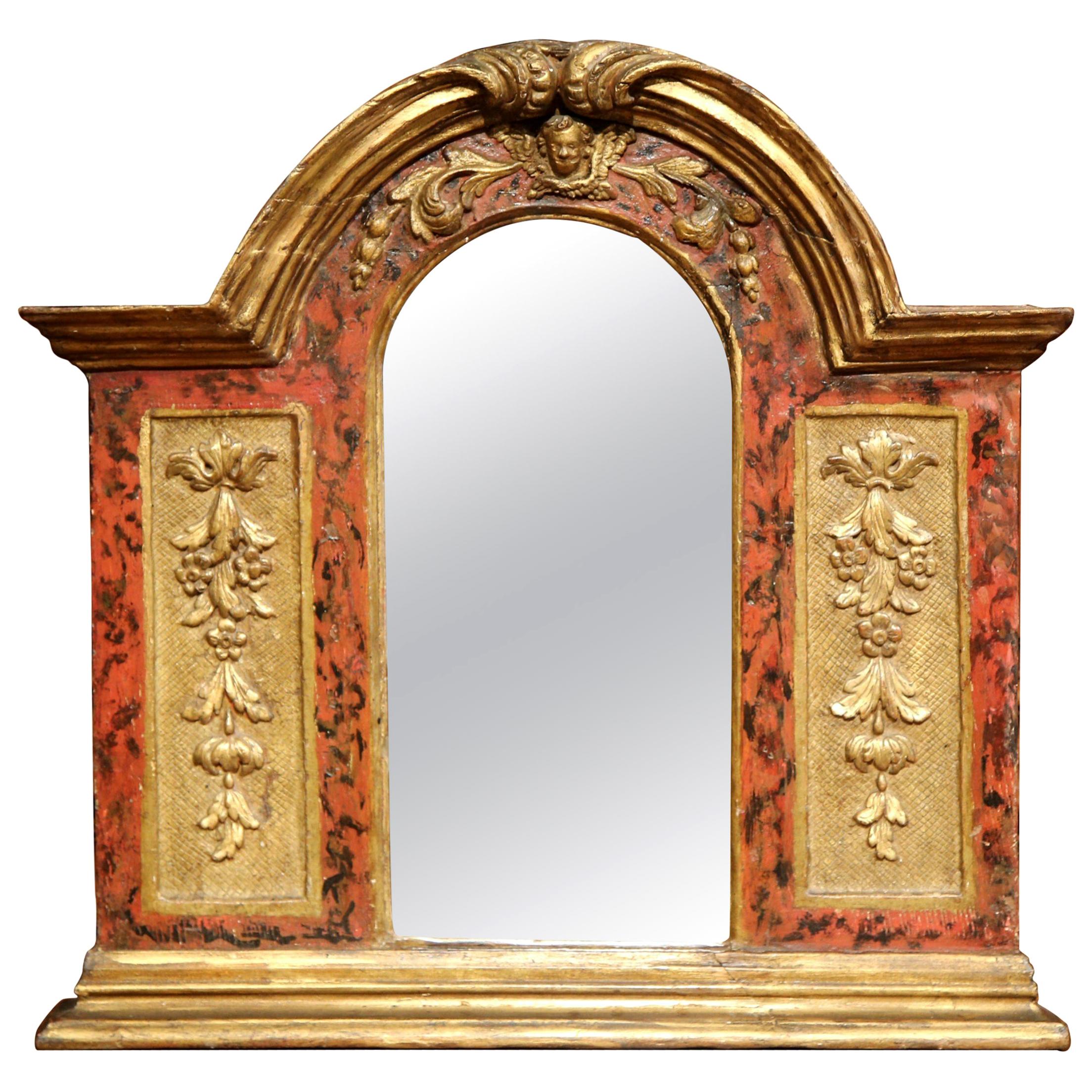 18th Century Italian Baroque Carved Polychrome and Giltwood Wall Mirror For Sale