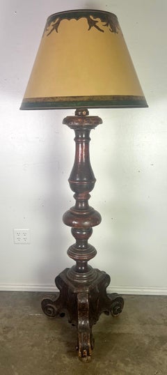 18th Century Baroque Standing Lamp, Carved Wood Base, Parchment Shade