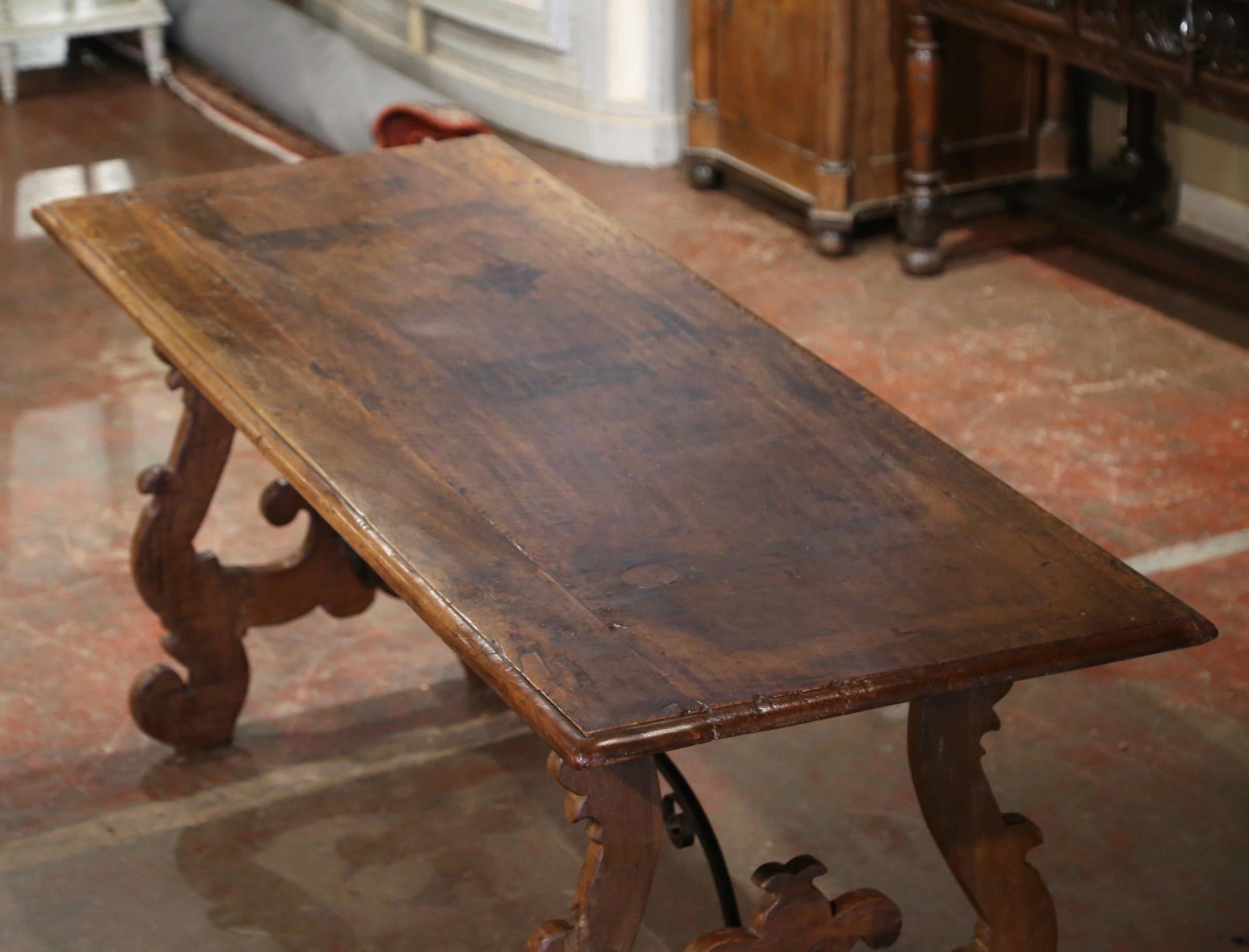 Patinated 18th Century Italian Baroque Carved Walnut and Wrought Iron Trestle Console For Sale