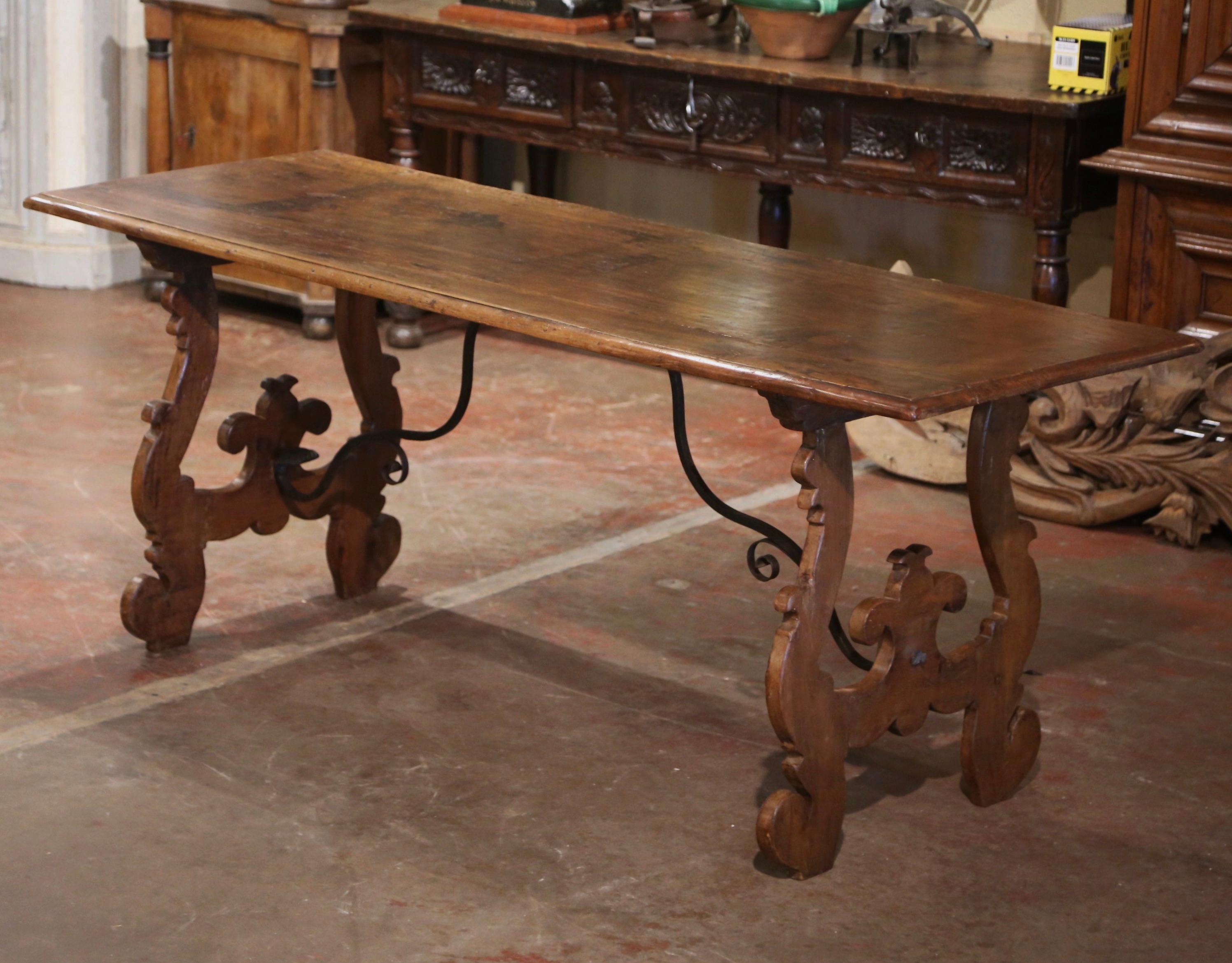 18th Century Italian Baroque Carved Walnut and Wrought Iron Trestle Console For Sale 1