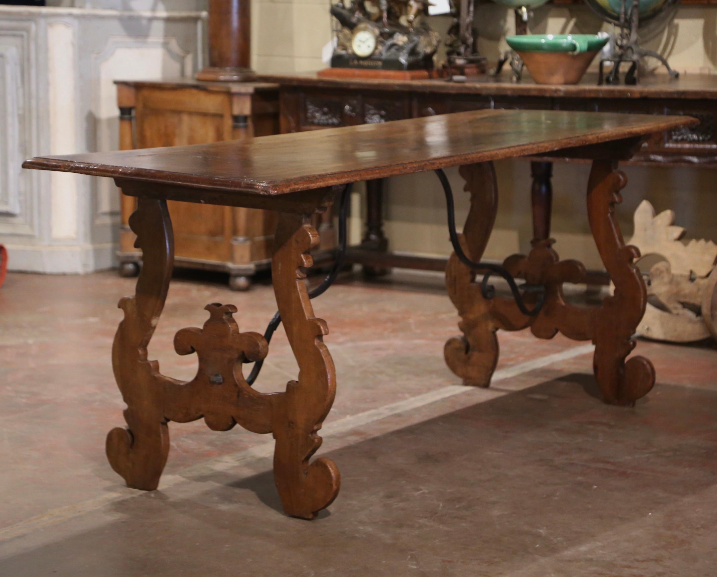 18th Century Italian Baroque Carved Walnut and Wrought Iron Trestle Console For Sale 2