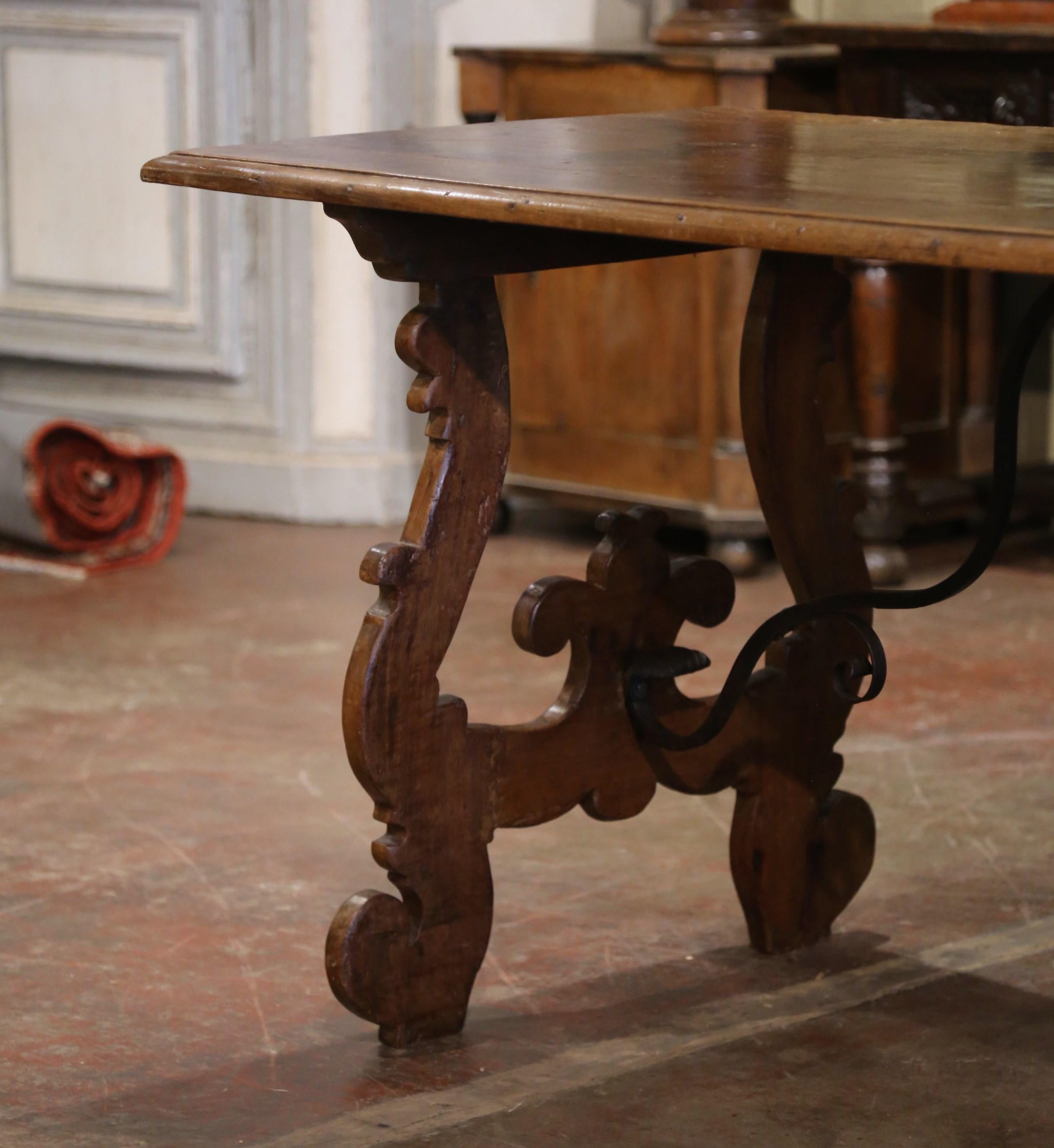 18th Century Italian Baroque Carved Walnut and Wrought Iron Trestle Console For Sale 5