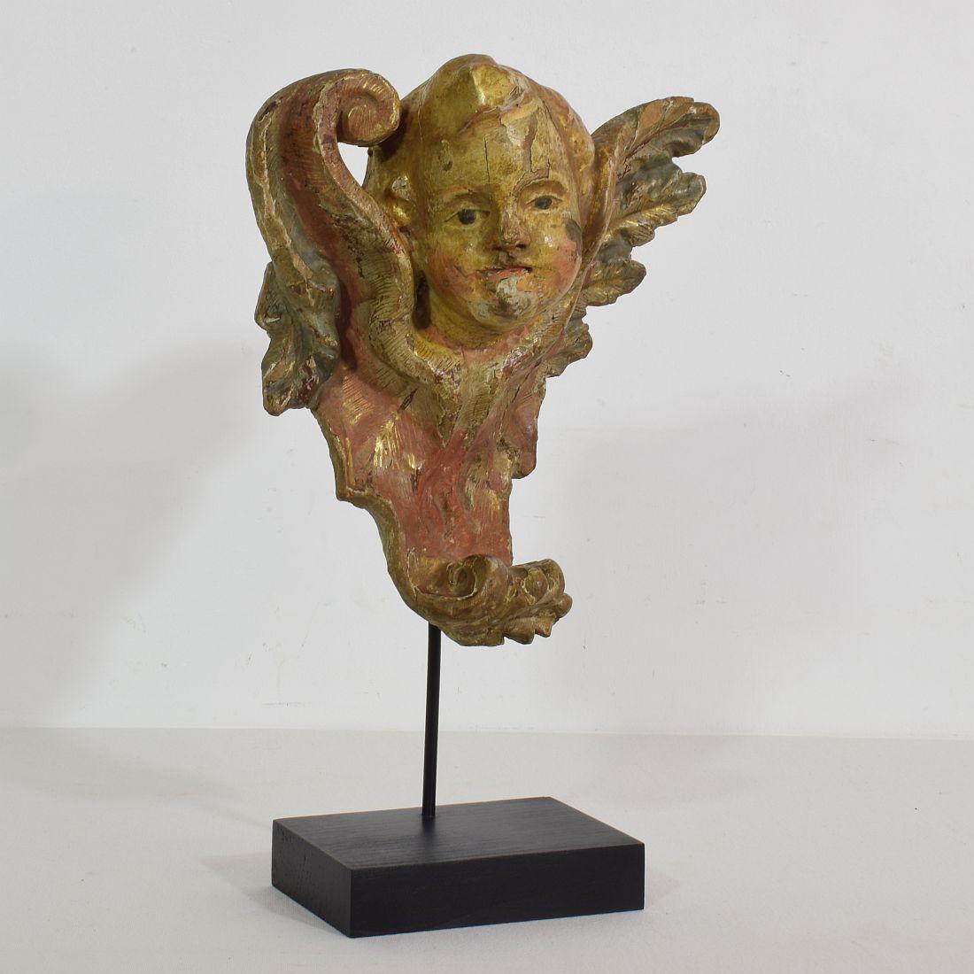 Beautiful winged angel head with traces of its original colors and gilding. 
Italy, circa 1750
Weathered, small losses 
Measurement here below inclusive the wooden base.