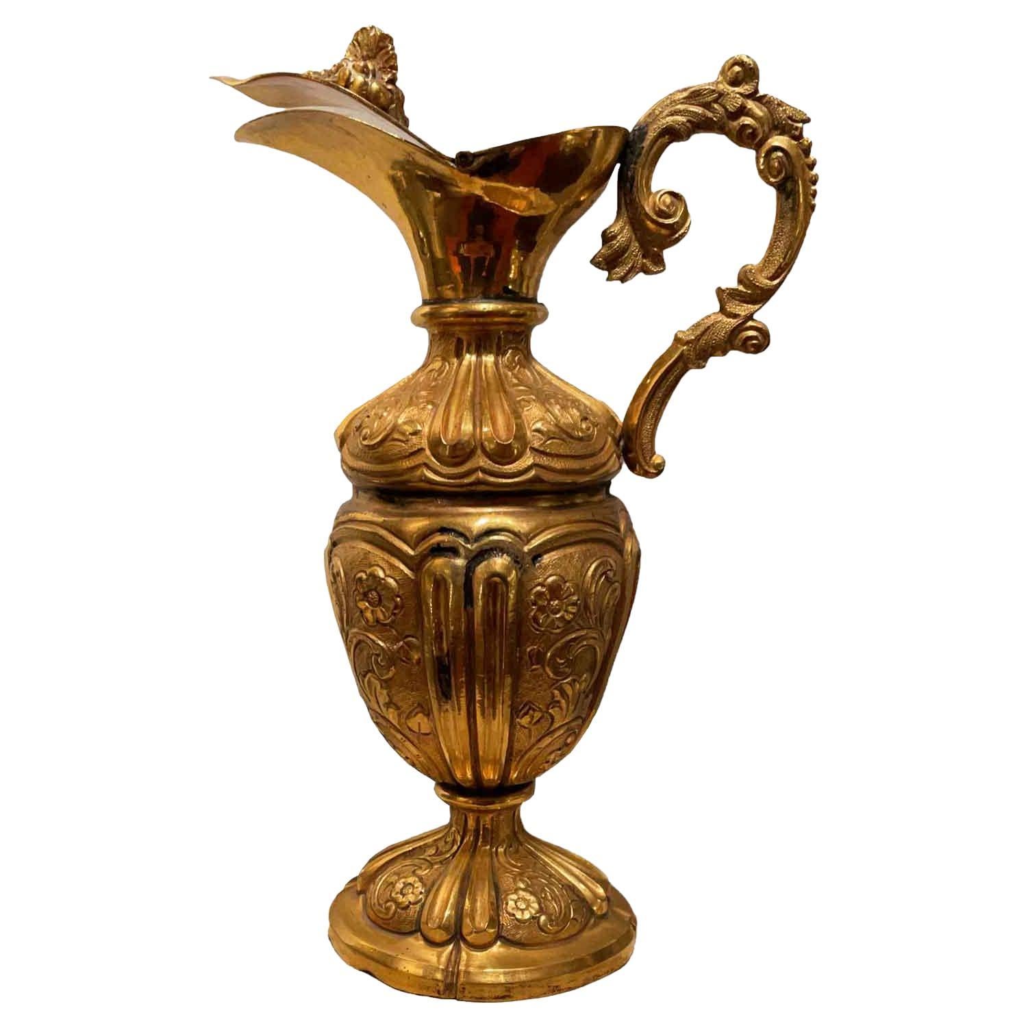 18th Century Italian Baroque Gilded Ewer Repoussé Copper Liturgical Pitcher For Sale 10