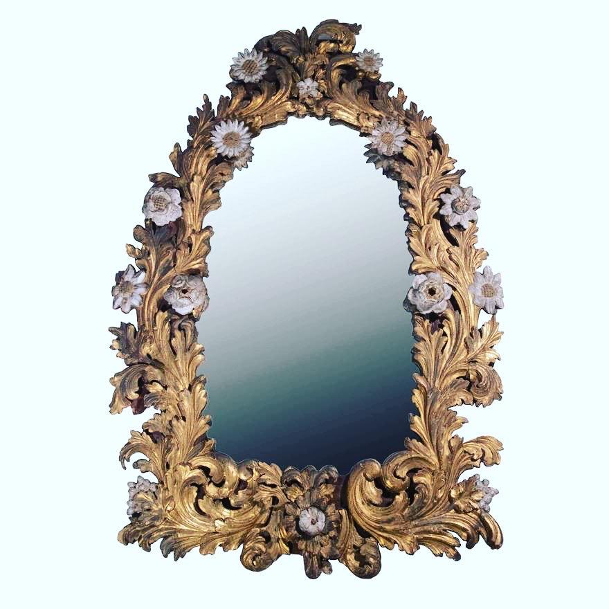 Period Early 18th Century Italian Baroque Mirror.  Florentine.  Original Gilding.  Carved and Gilded Hardwood in Sunflower and Foliate Motif

Provenance: Private Beacon Hill Collection