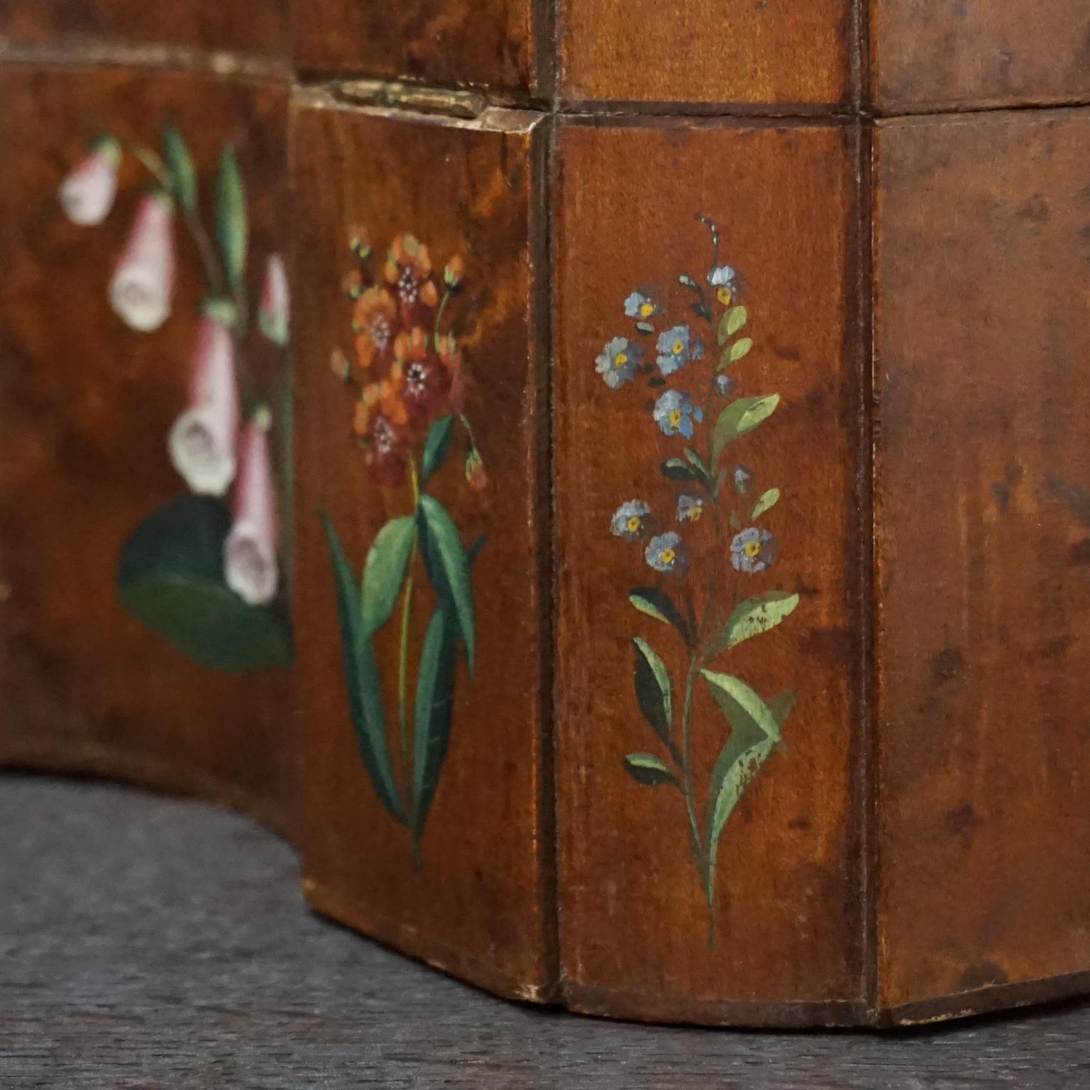 18th Century Italian Baroque Hand Painted Wild Flowers on Burl Wood Tea Caddy 6