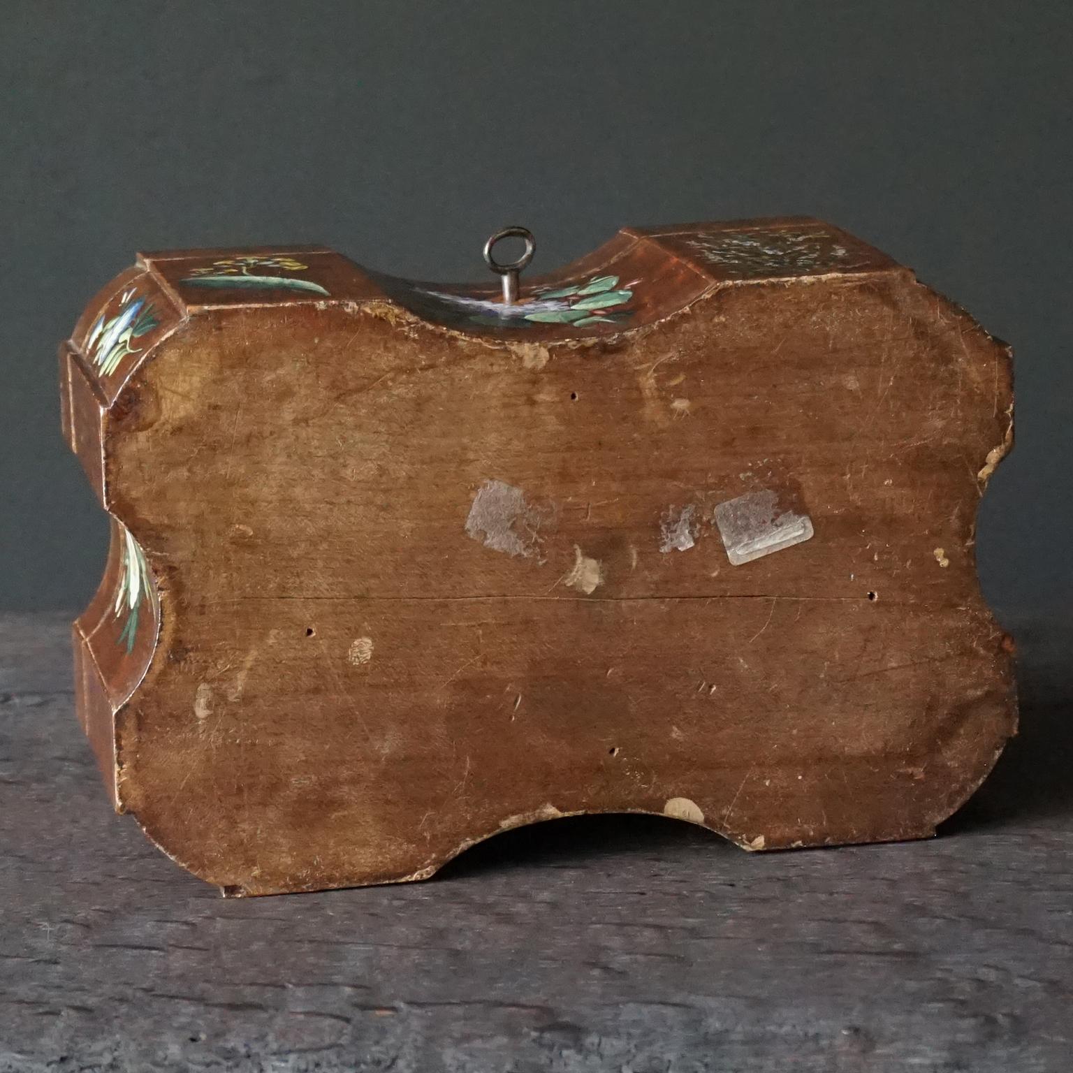18th Century Italian Baroque Hand Painted Wild Flowers on Burl Wood Tea Caddy 12