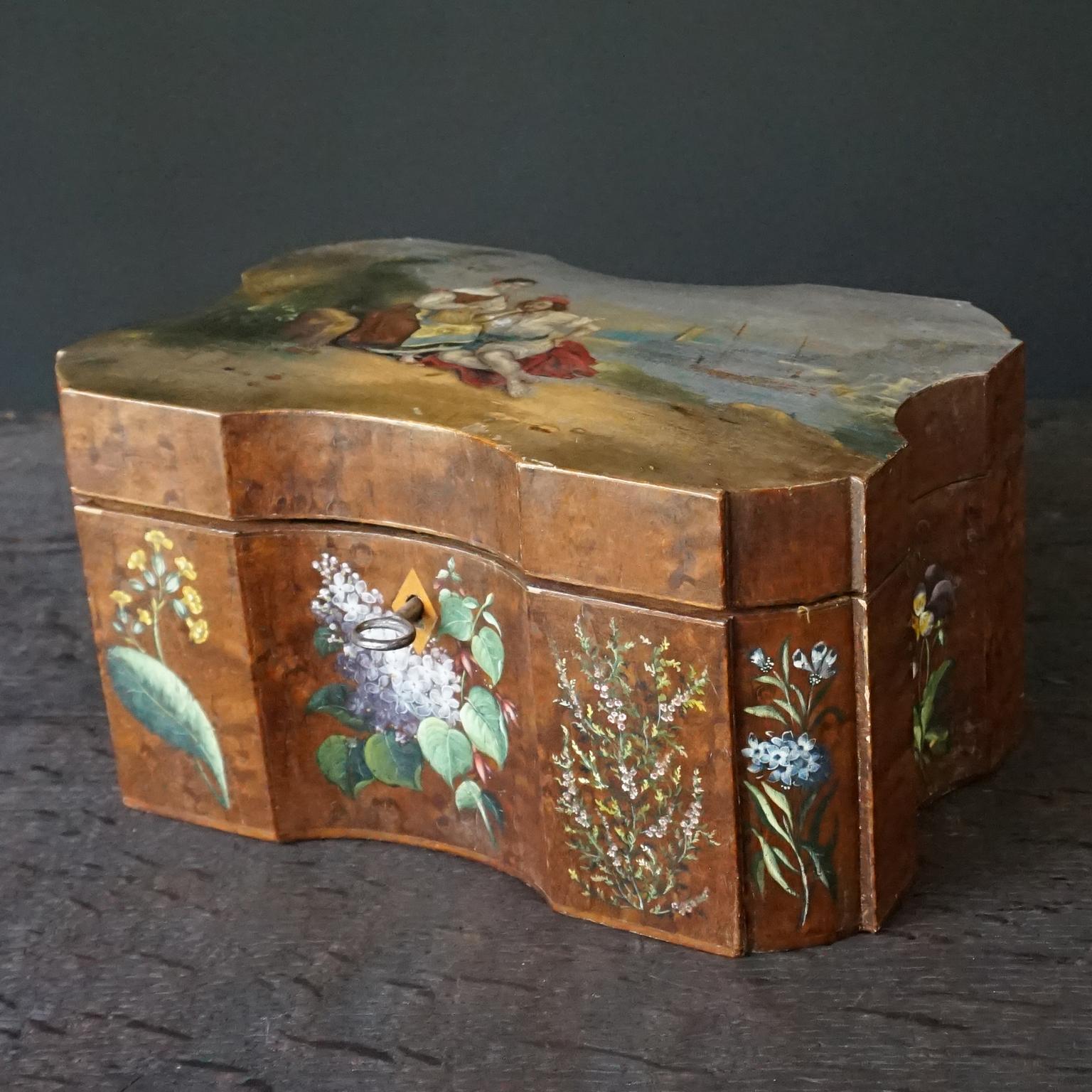Silvered 18th Century Italian Baroque Hand Painted Wild Flowers on Burl Wood Tea Caddy