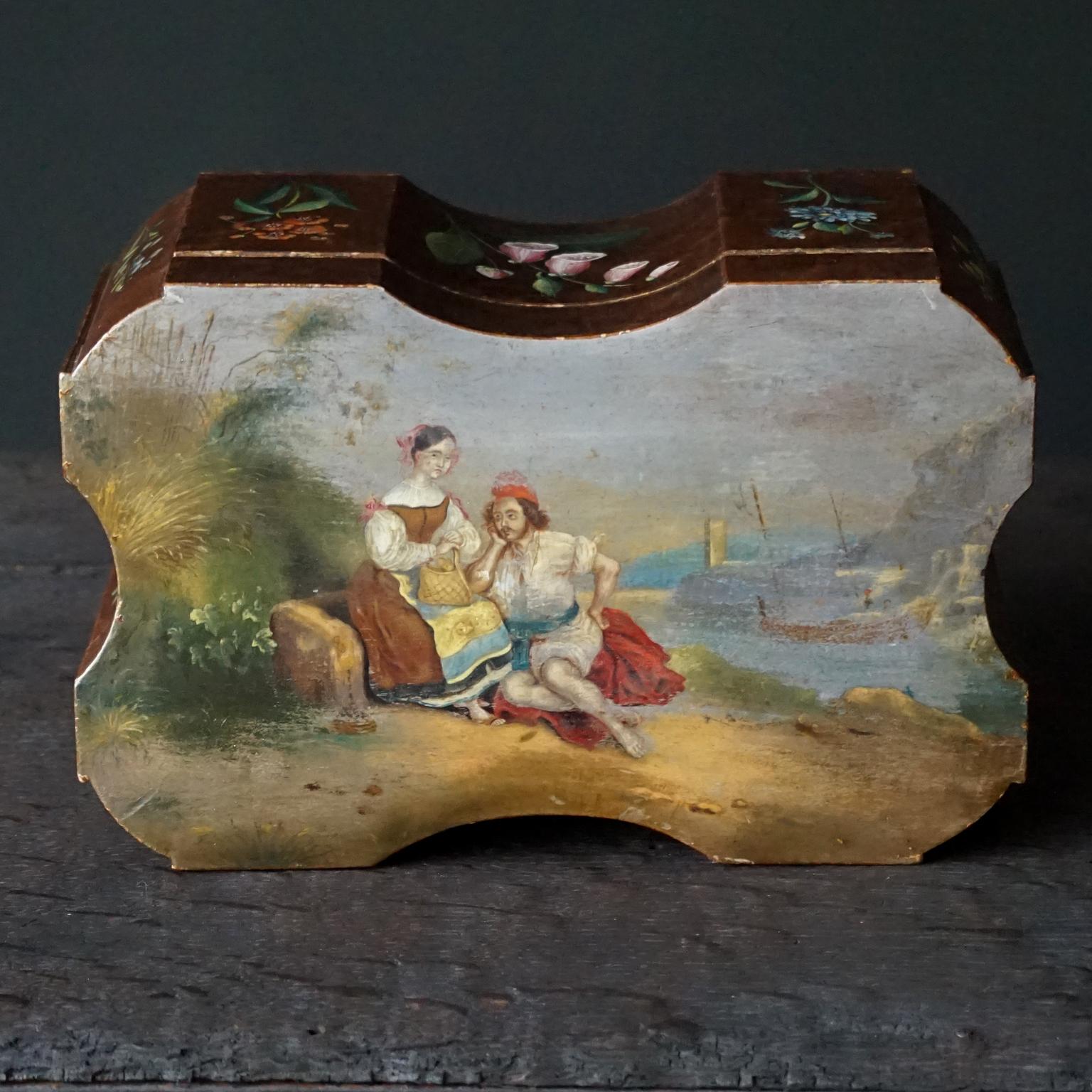 18th Century and Earlier 18th Century Italian Baroque Hand Painted Wild Flowers on Burl Wood Tea Caddy