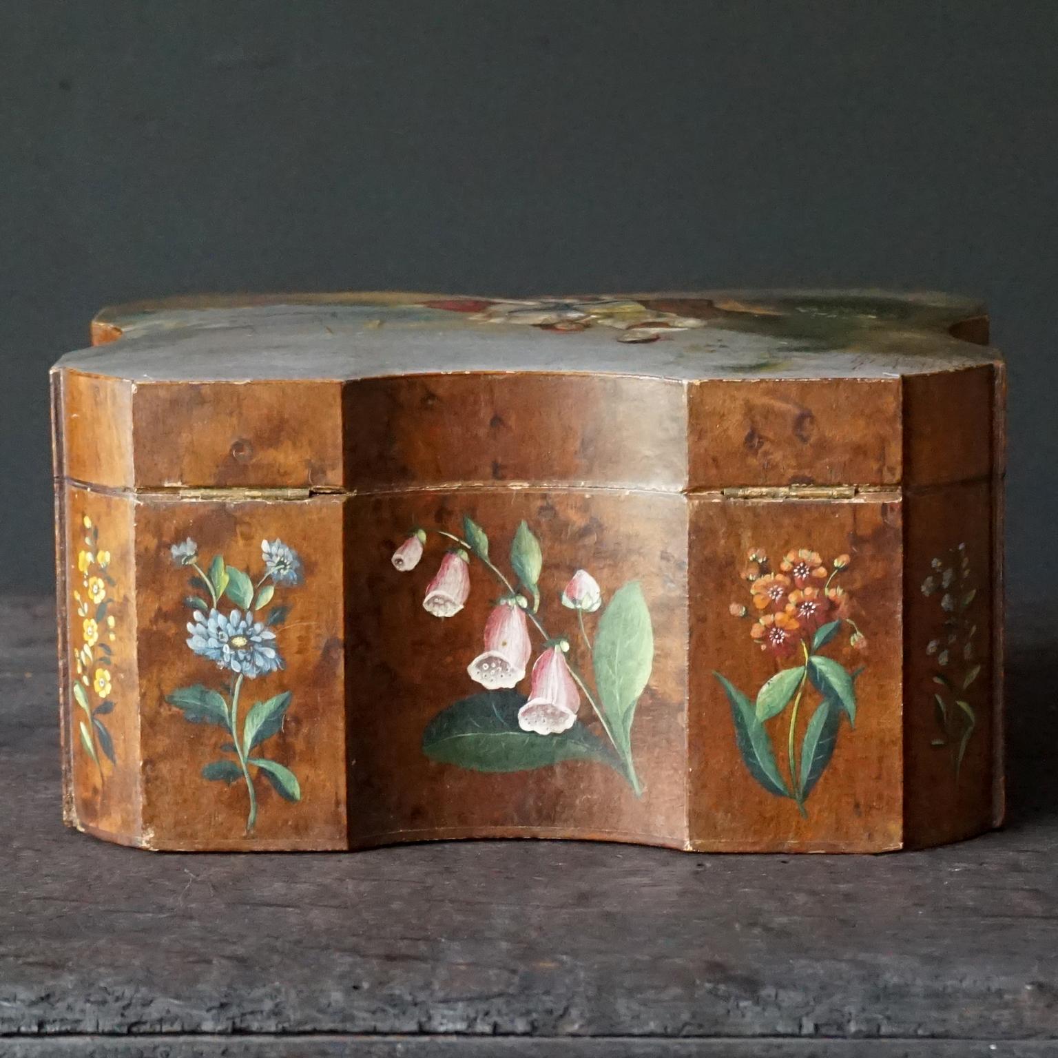 18th Century Italian Baroque Hand Painted Wild Flowers on Burl Wood Tea Caddy 1