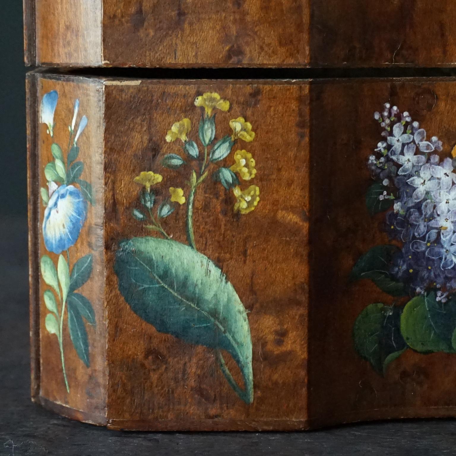 18th Century Italian Baroque Hand Painted Wild Flowers on Burl Wood Tea Caddy 2