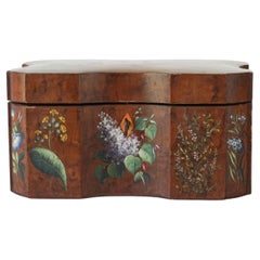 18th Century Italian Baroque Hand Painted Wild Flowers on Burl Wood Tea Caddy