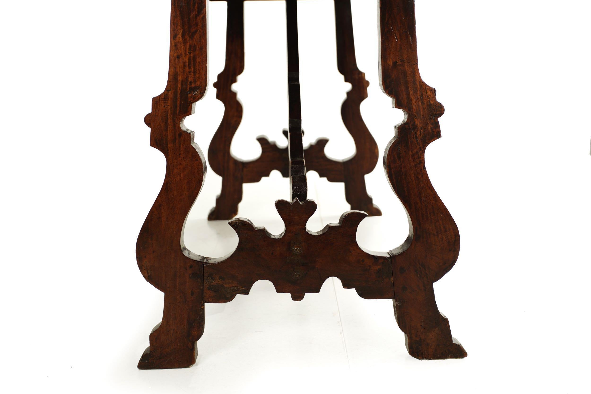 18th Century Italian Baroque Inlaid Walnut Trestle-Base Center Table For Sale 6