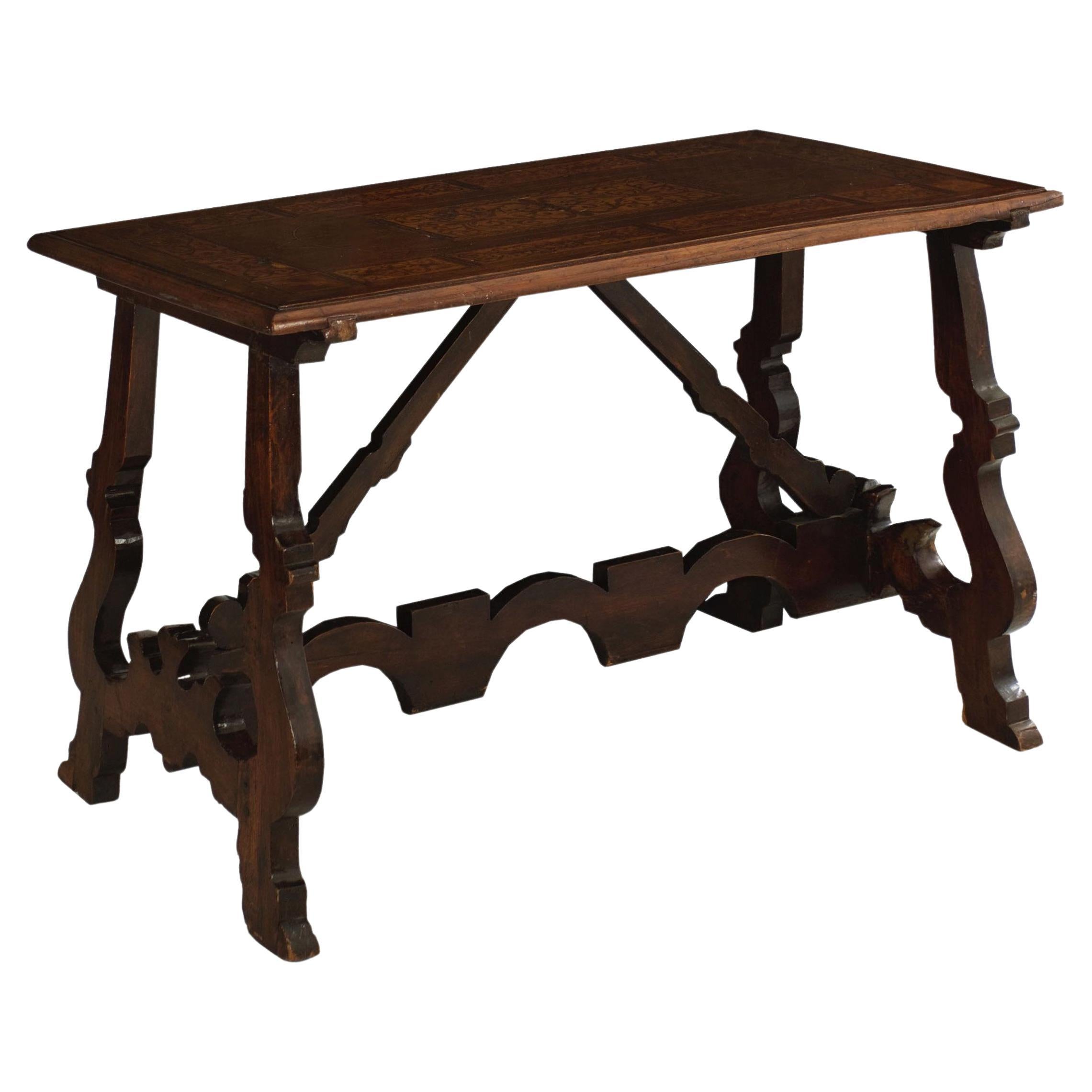 18th Century Italian Baroque Inlaid Walnut Trestle-Base Center Table For Sale