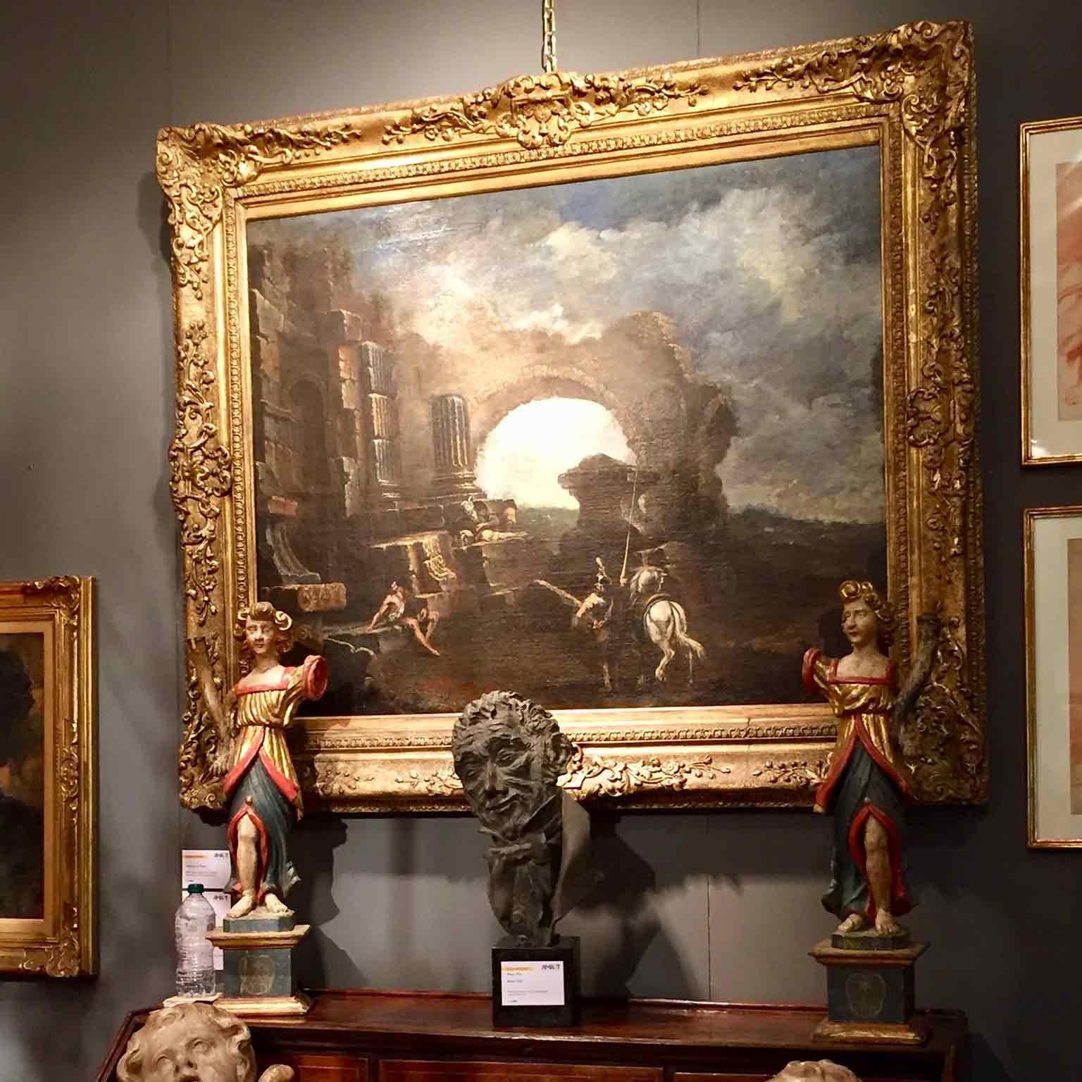 Capriccio barocco con rovine e figure, un dipinto italiano dei primi del XVIII secolo che mostra un paesaggio immaginario con rovine romane e figure, un antico dipinto italiano a olio su tela di Alessandro Magnasco il Lissandrino Genova 1667-1749,