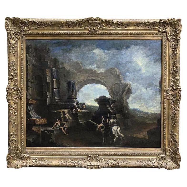 18th Century Italian Baroque Landscape After Magnasco Large Capriccio with Ruins For Sale