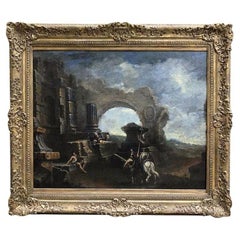 18th Century Italian Baroque Landscape After Magnasco Large Capriccio with Ruins
