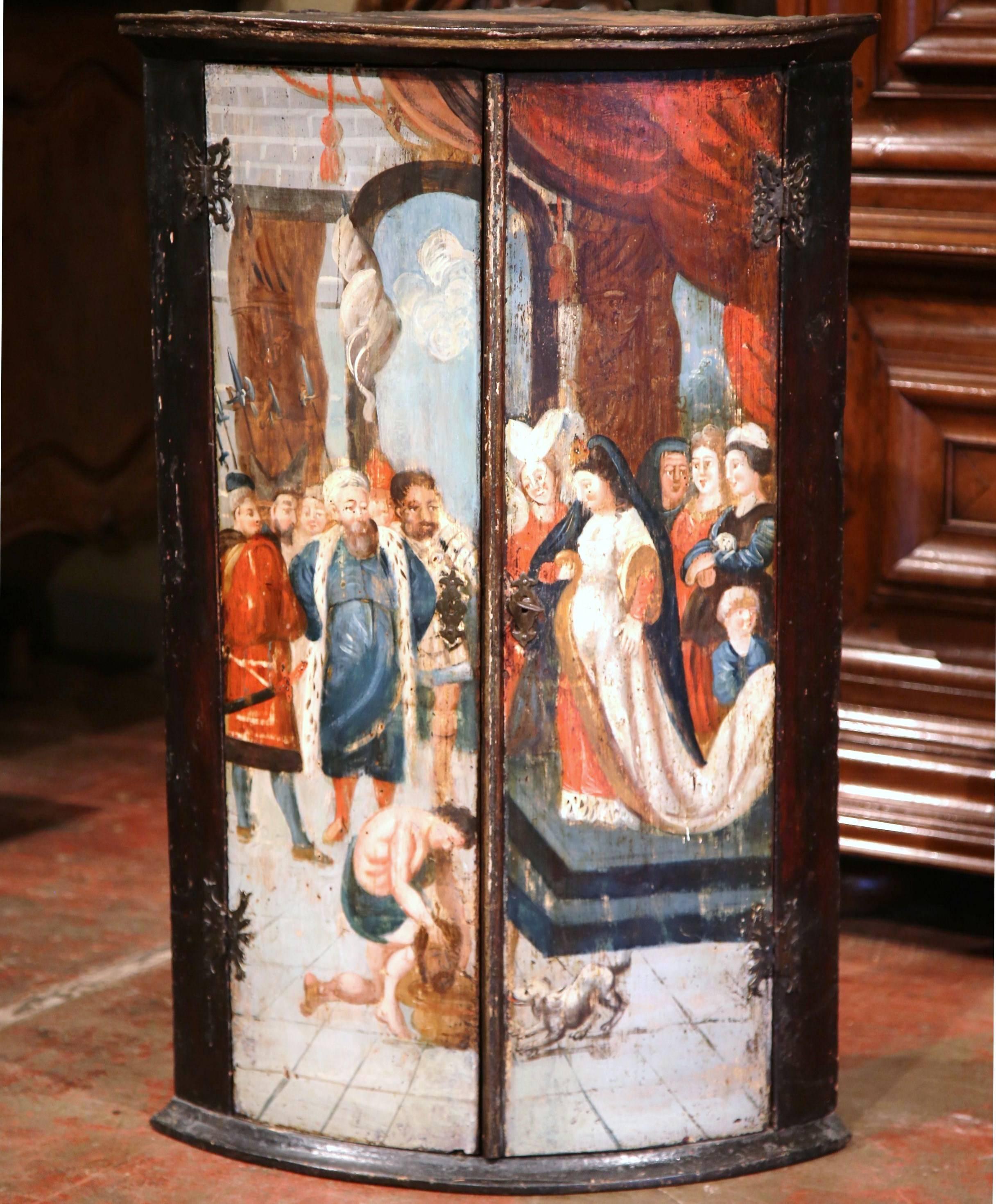 Hand-Painted 18th Century Italian Baroque Painted Bombe Two-Door Corner Cabinet For Sale