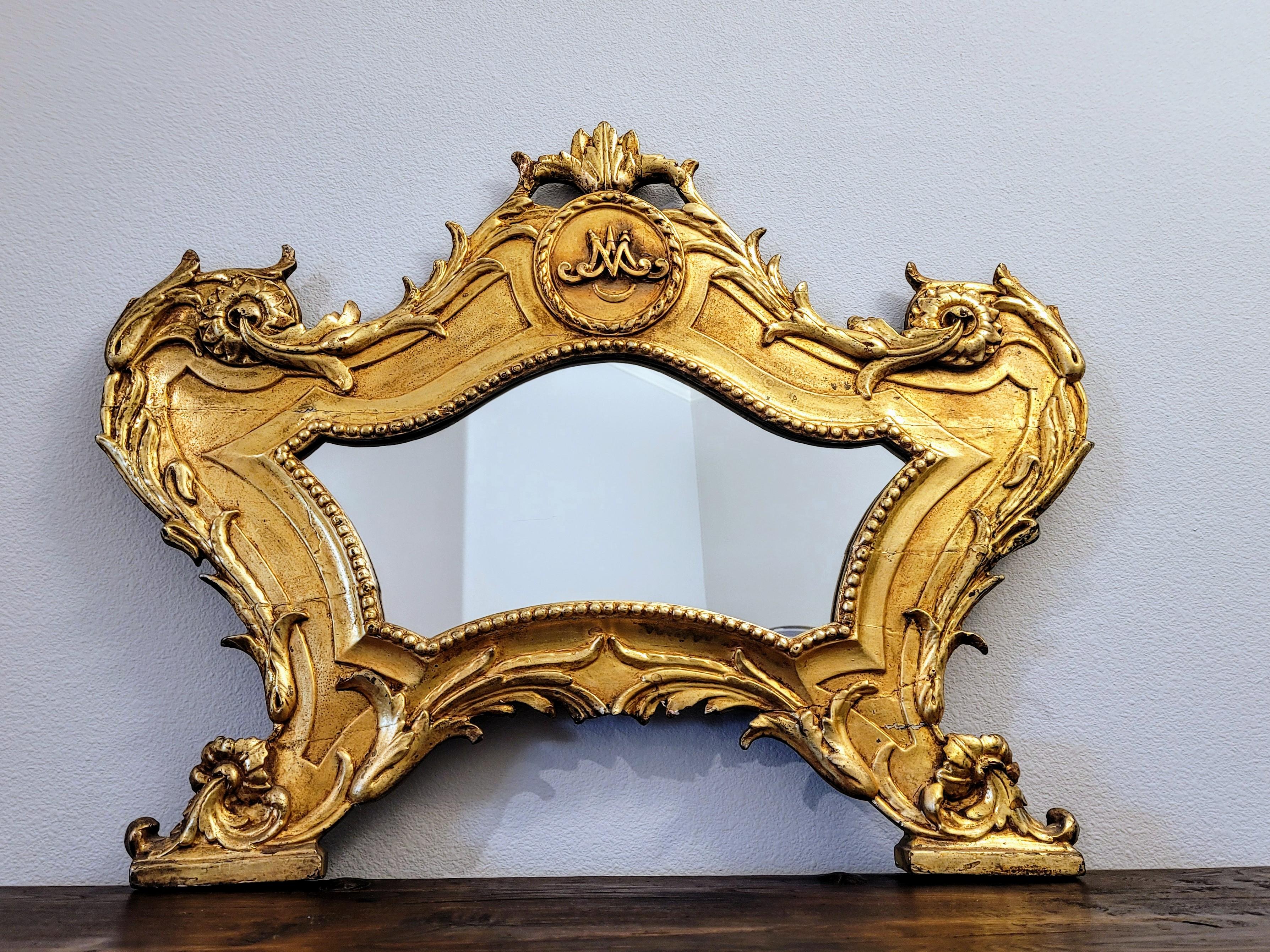 Glass 18th Century Italian Baroque Period Carta Gloria Giltwood Mirror For Sale