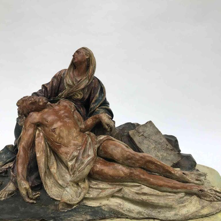 Hand-Painted 18th Century Italian Baroque Pity Pietà Sculpture by Piò Angelo Bolognese Circle