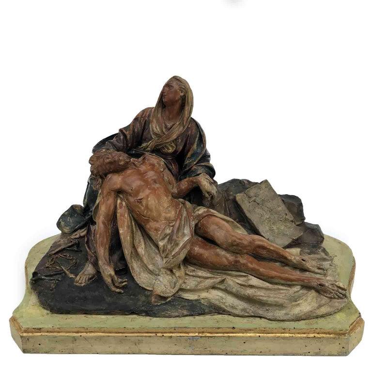 Terre cuite Sculpture de Pitié Pietà baroque italienne du 18e siècle par Piò Angelo Bolognese Circle en vente