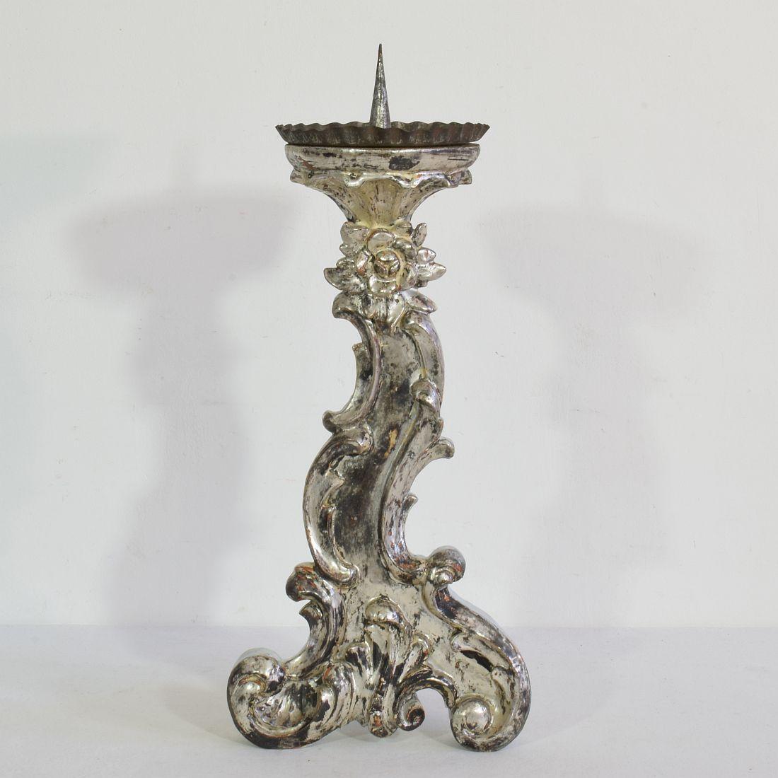 Hand-Carved 18th Century Italian Baroque Silvered Candlestick