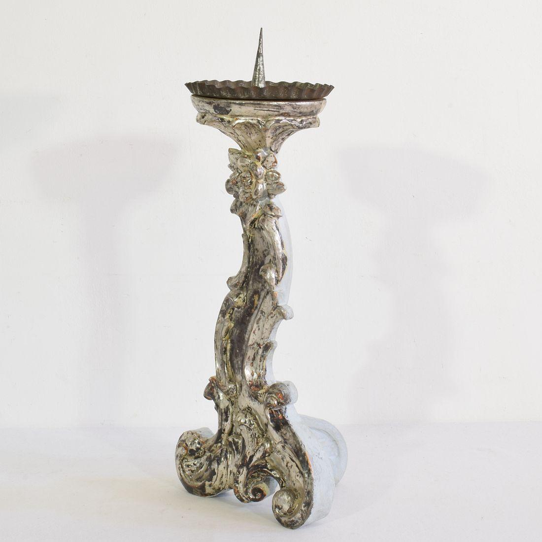 18th Century Italian Baroque Silvered Candlestick In Good Condition In Buisson, FR