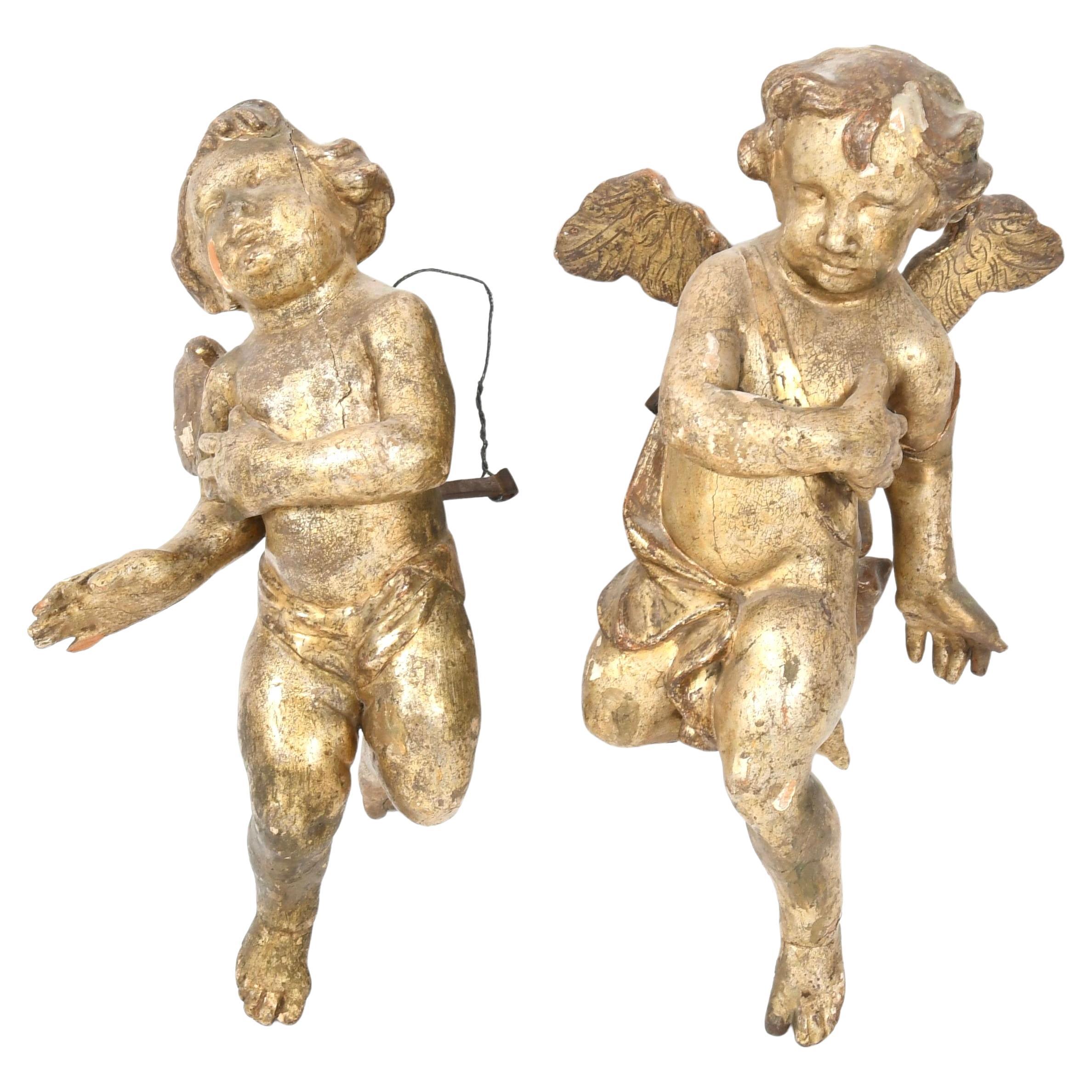 18th Century Italian Baroque Winged Putti Sculptures in Carved Wood