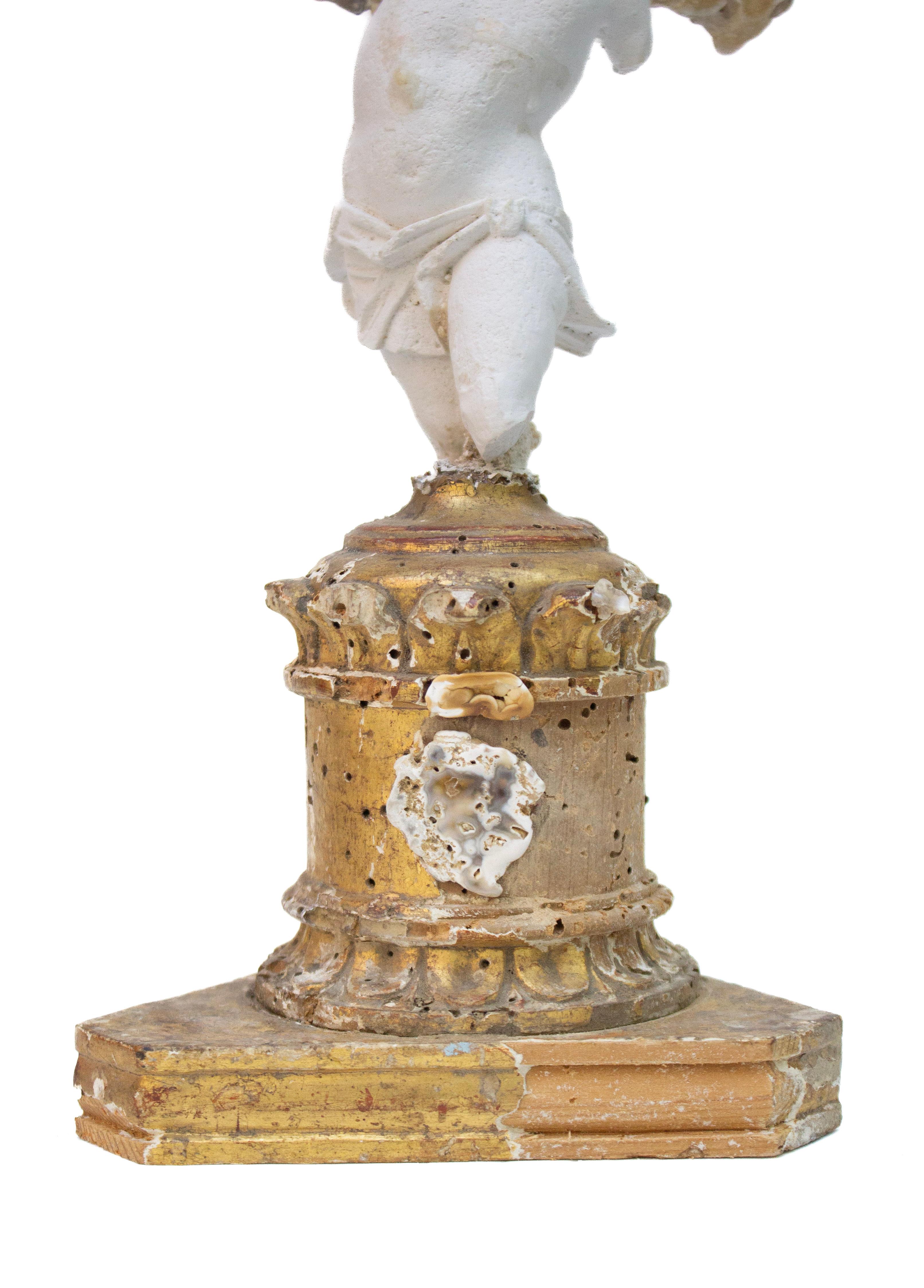 Rococo 18th Century Italian Base with Plaster Cherub Fragment and Polished Agate Coral For Sale