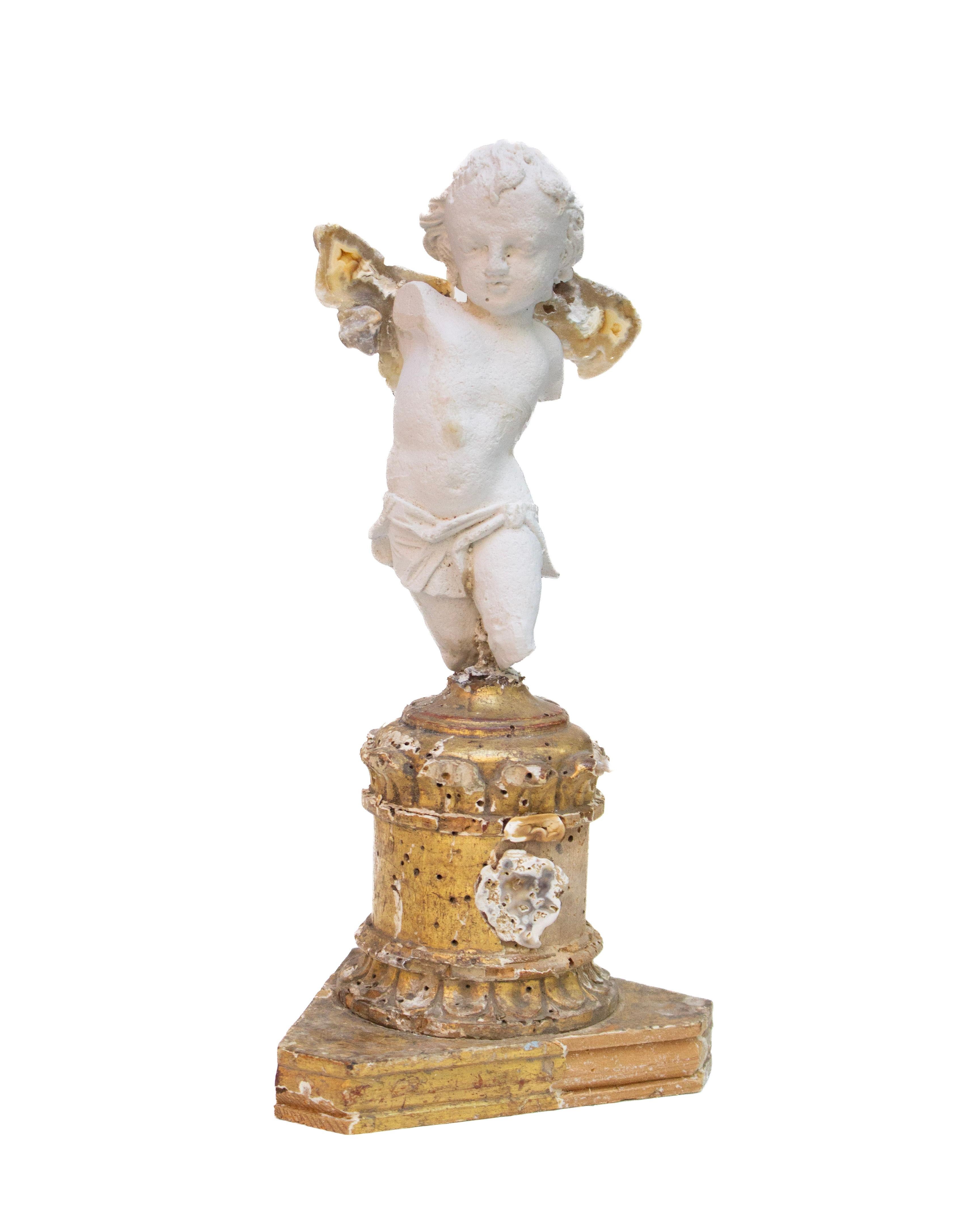 18th Century Italian Base with Plaster Cherub Fragment and Polished Agate Coral In Good Condition For Sale In Dublin, Dalkey