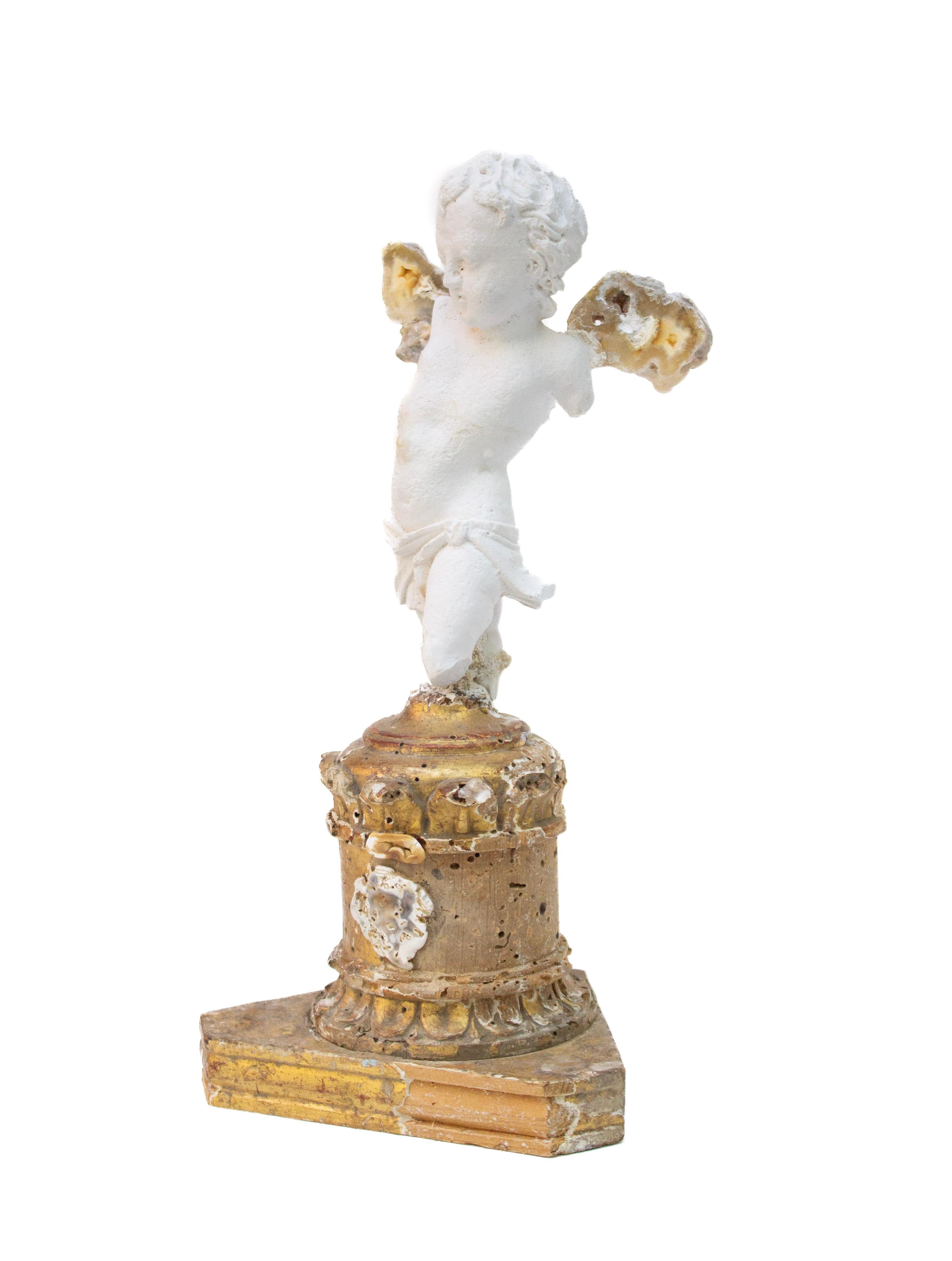 18th Century and Earlier 18th Century Italian Base with Plaster Cherub Fragment and Polished Agate Coral For Sale
