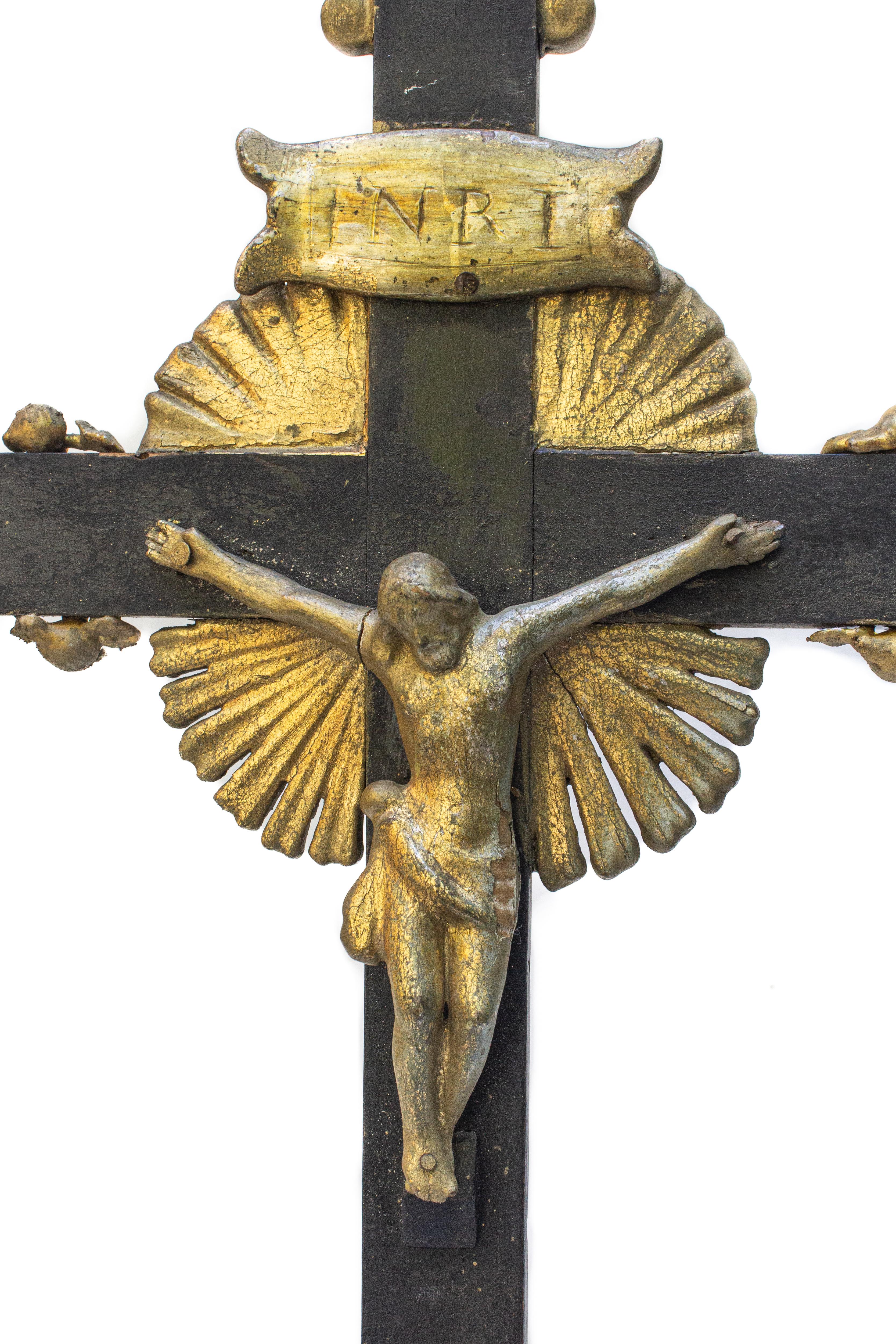 Rococo 18th Century Italian Black and Gold Crucifix Mounted on Bornite and Chalcopyrite