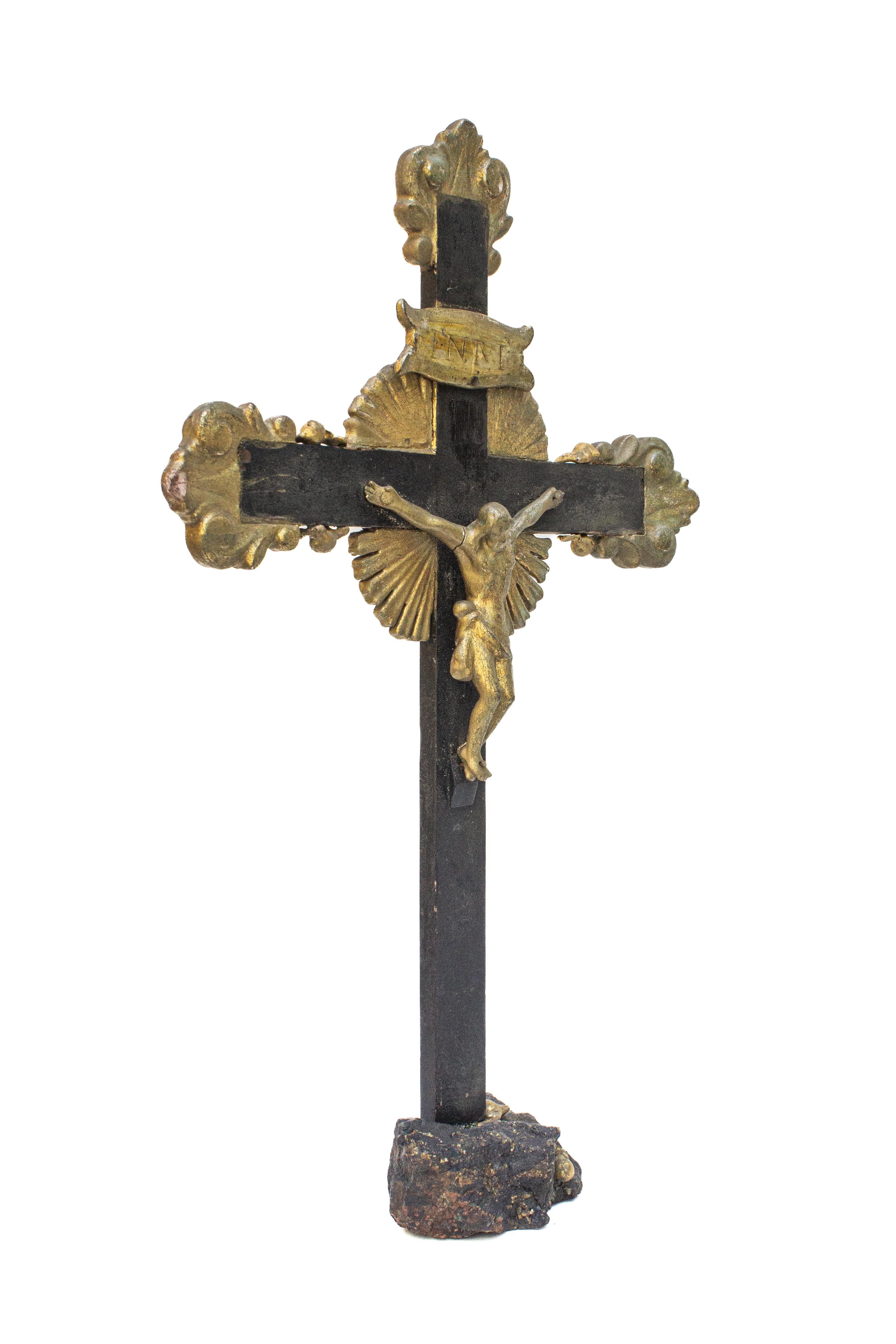 Hand-Carved 18th Century Italian Black and Gold Crucifix Mounted on Bornite and Chalcopyrite