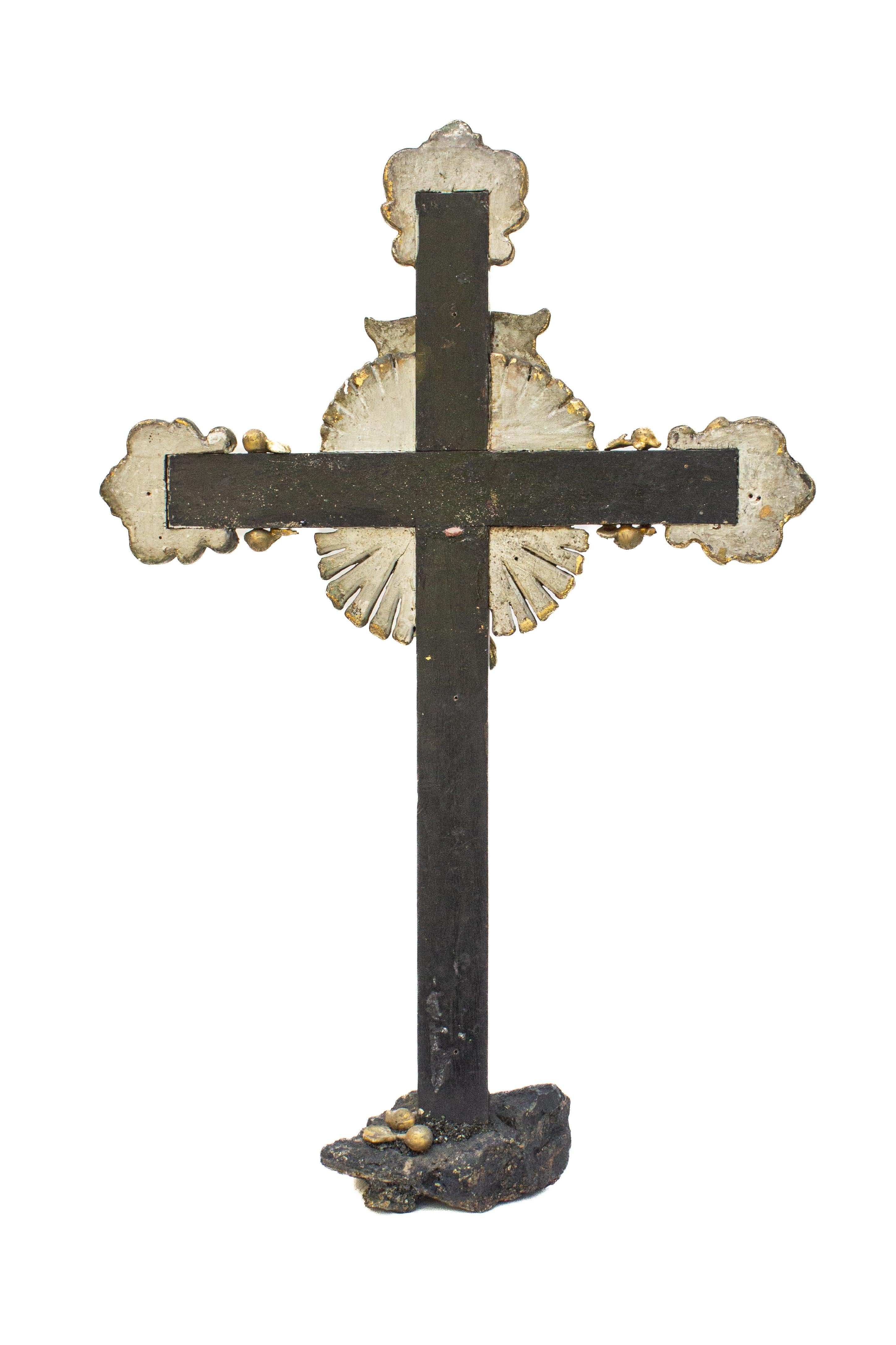 Wood 18th Century Italian Black and Gold Crucifix Mounted on Bornite and Chalcopyrite