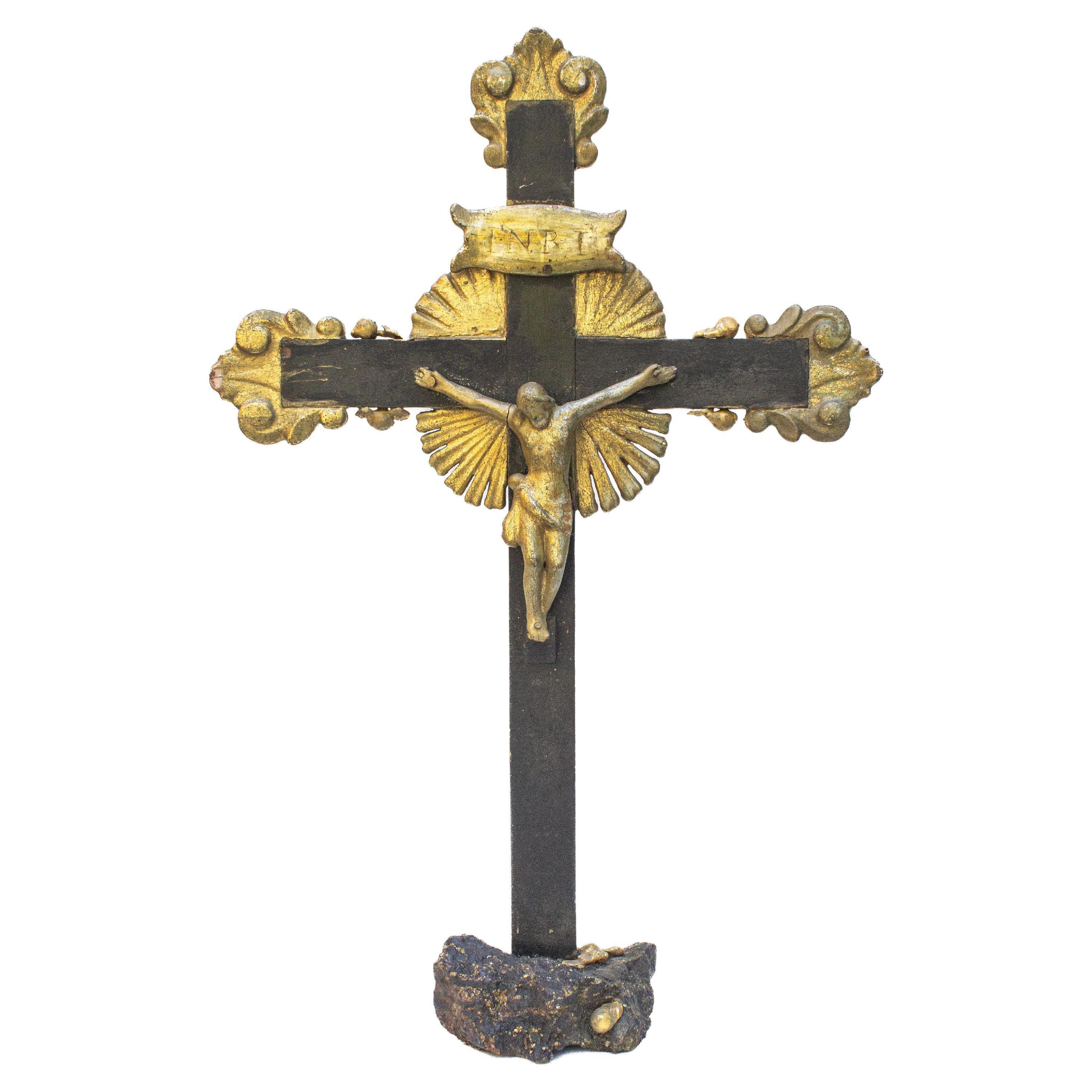 18th Century Italian Black and Gold Crucifix Mounted on Bornite and Chalcopyrite
