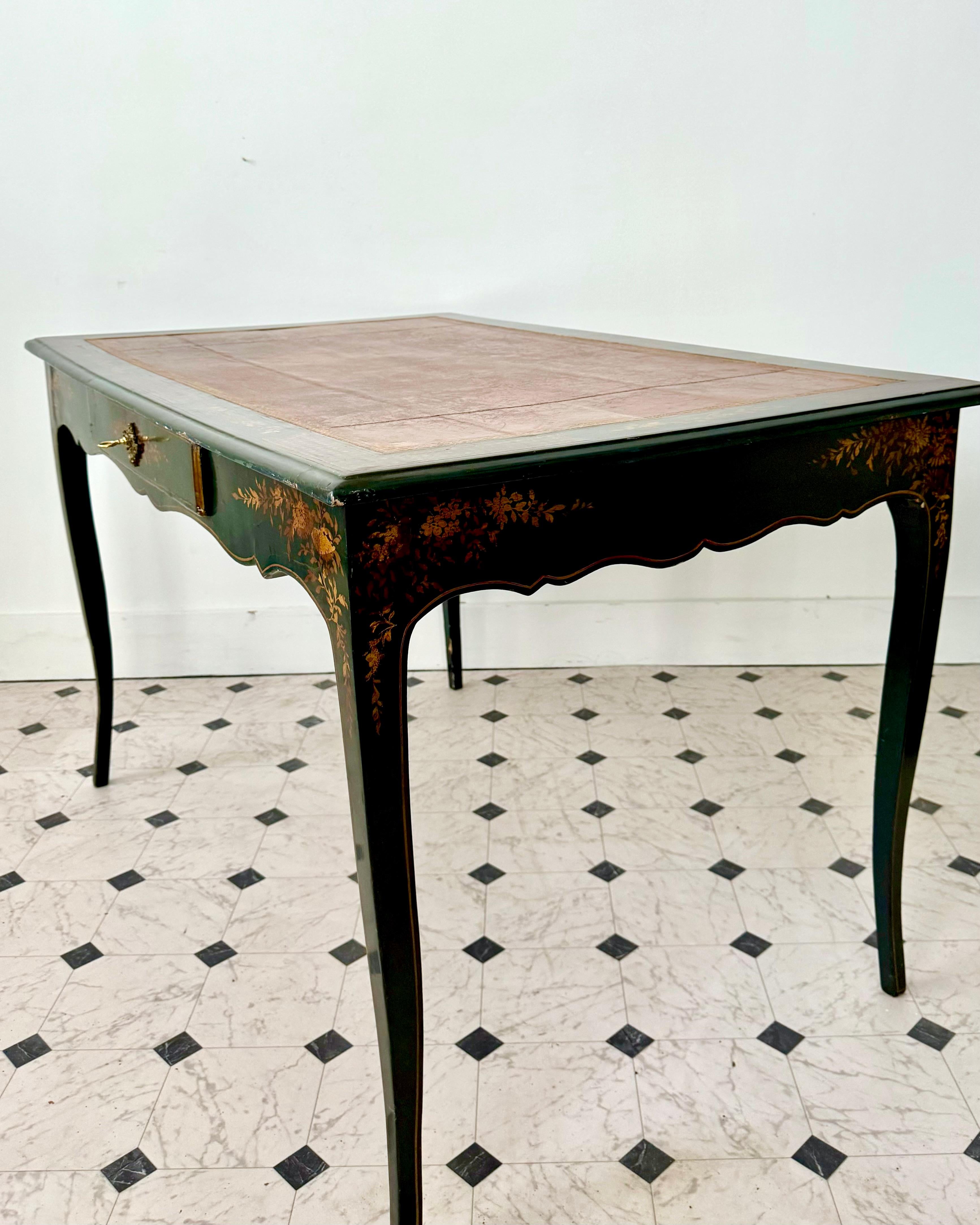 Hand-Carved 18th Century Italian Black Lacquer Desk With Chinoiserie Decor