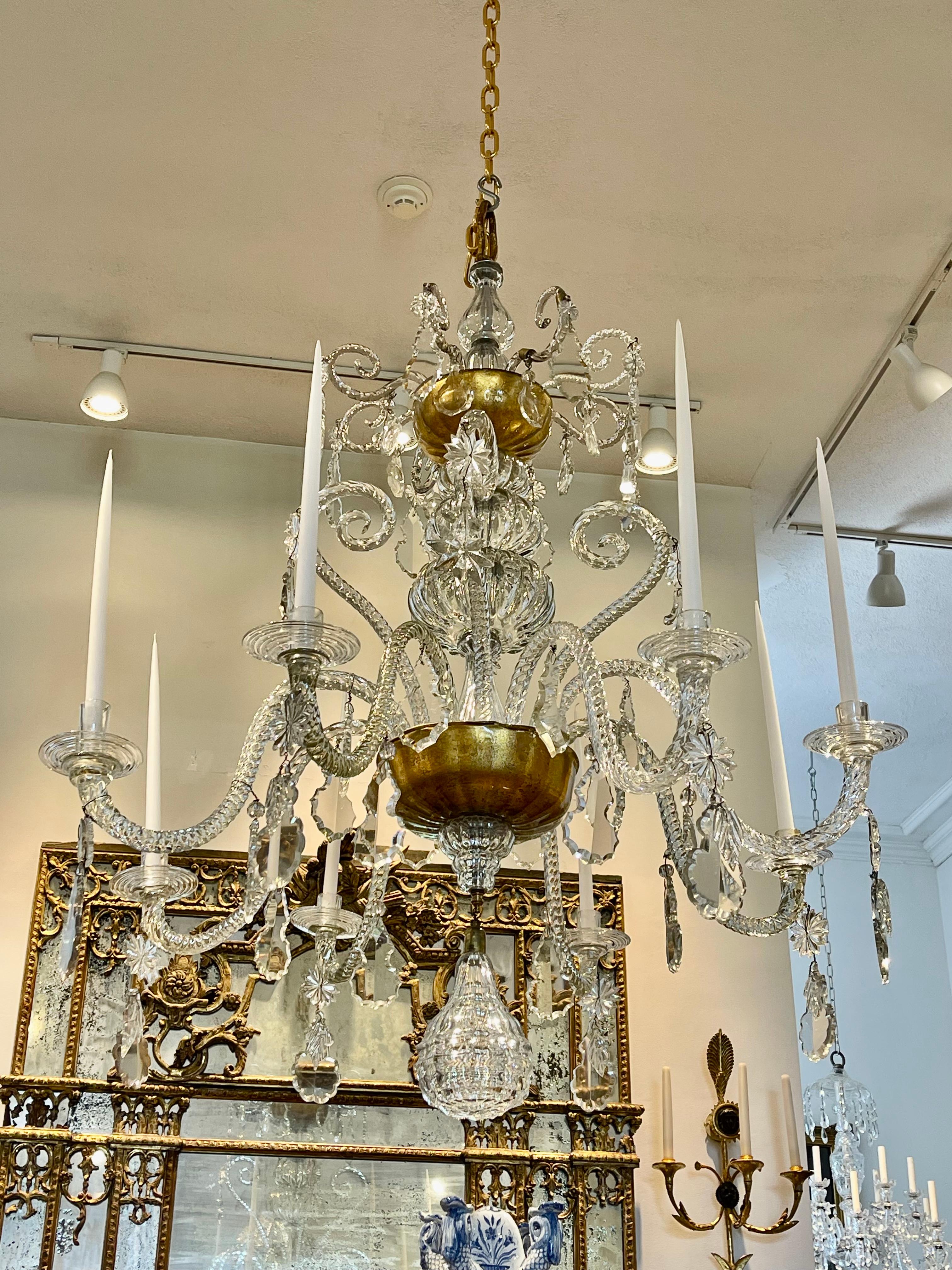 18th century Italian chandelier. All original elements. 8 light. Hand blown throughout. Large size. Impressive.

Candle now but can be French wired at client's request

Provenance: Michael Smith.