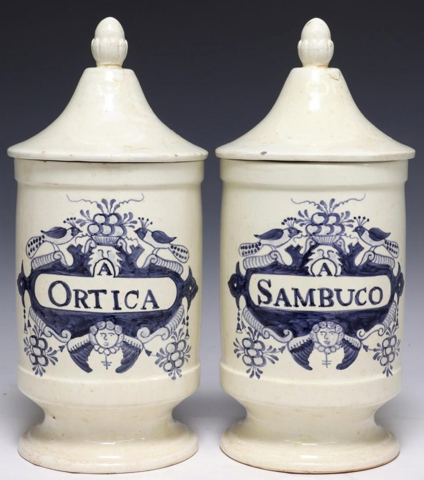 A remarkable pair of two antique European tin-glazed earthenware apothecary jars. circa 1770

Originally used as medicinal pottery jars that held ointments and dry drugs at apothecaries and pharmacies, these 18th century Italian blue and white