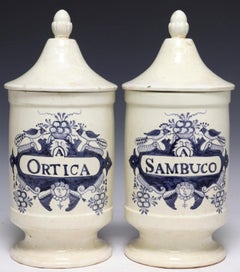 18th Century Italian Blue & White Faience Albarelli Apothecary Jar Pair