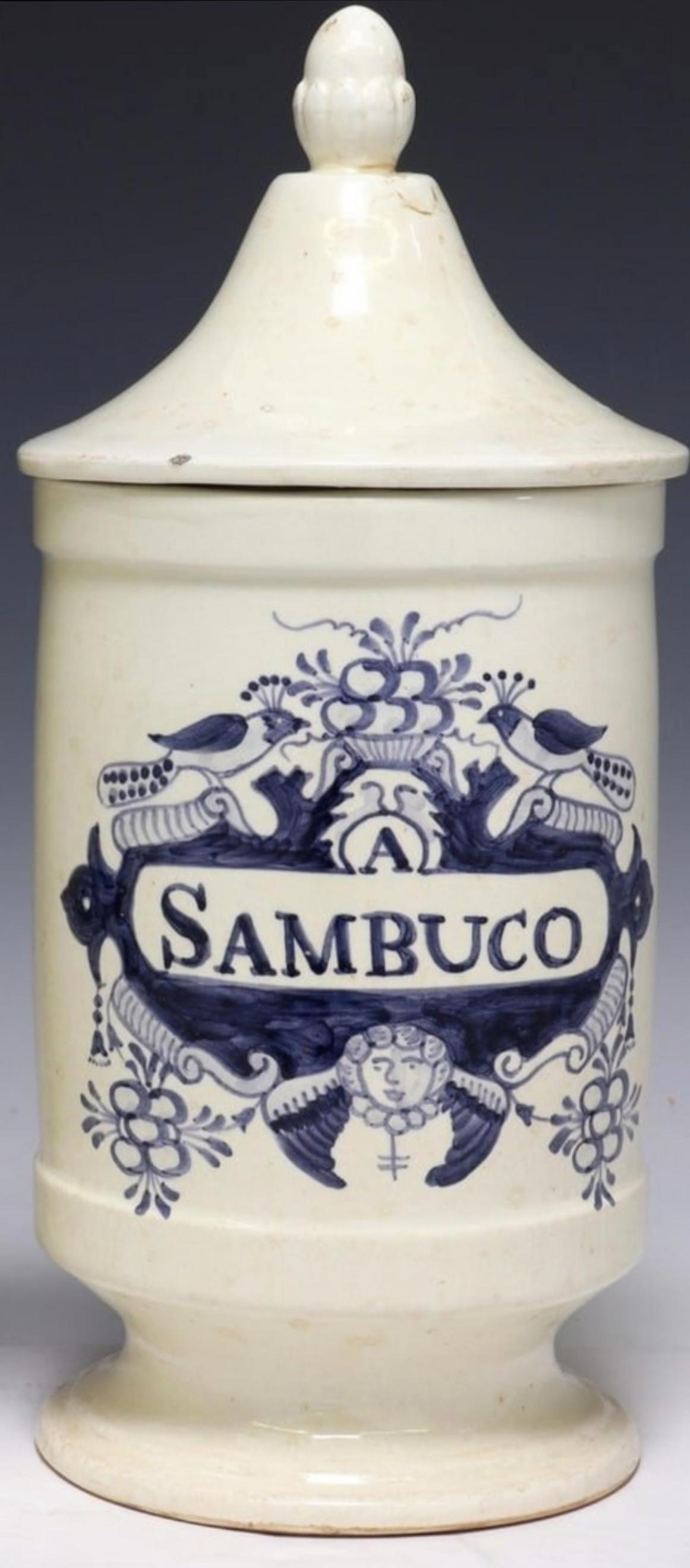 Hand-Painted 18th Century Italian Blue & White Faience Albarelli Apothecary Jar Pair  For Sale