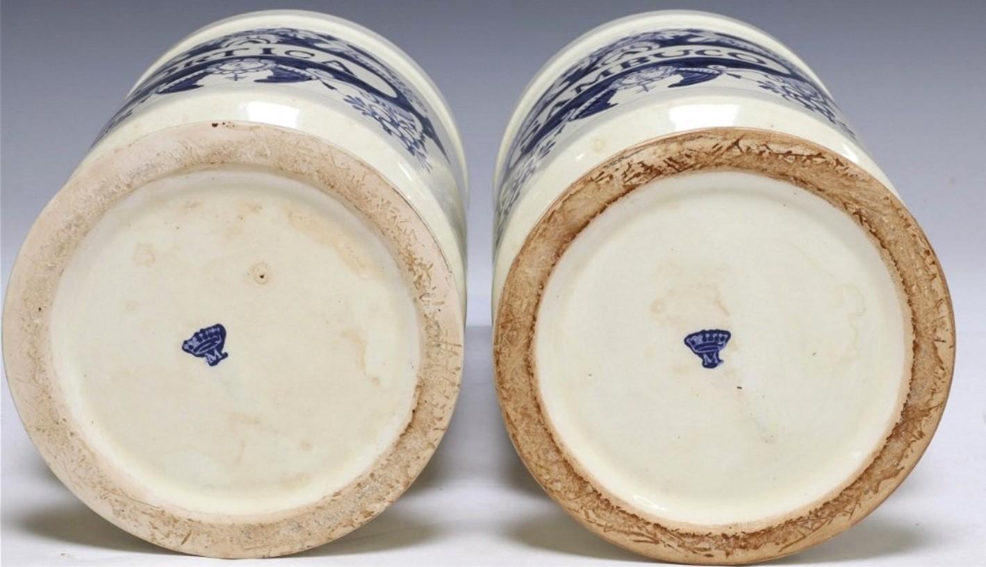 18th Century and Earlier 18th Century Italian Blue & White Faience Albarelli Apothecary Jar Pair  For Sale