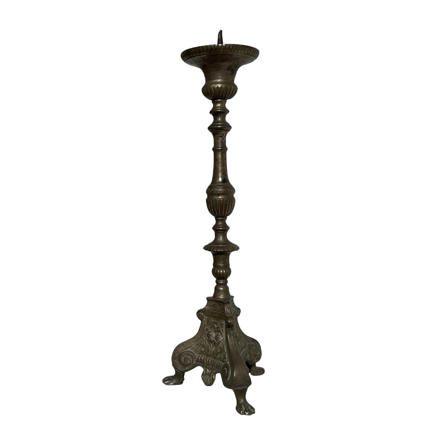 Hand-Crafted 18th Century Italian Bronze Altar Candle Holder - Antique Single Stick For Sale