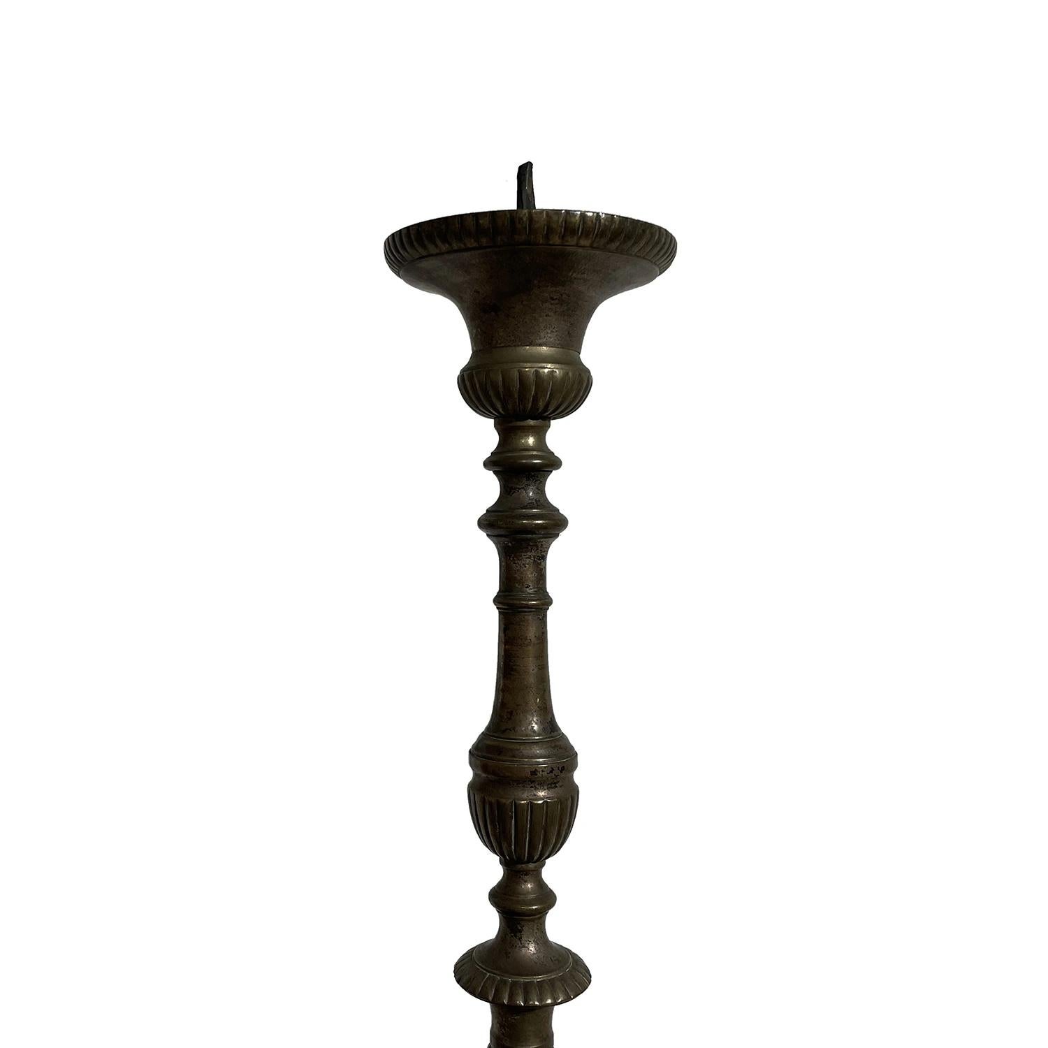 18th Century Italian Bronze Altar Candle Holder - Antique Single Stick In Good Condition For Sale In West Palm Beach, FL