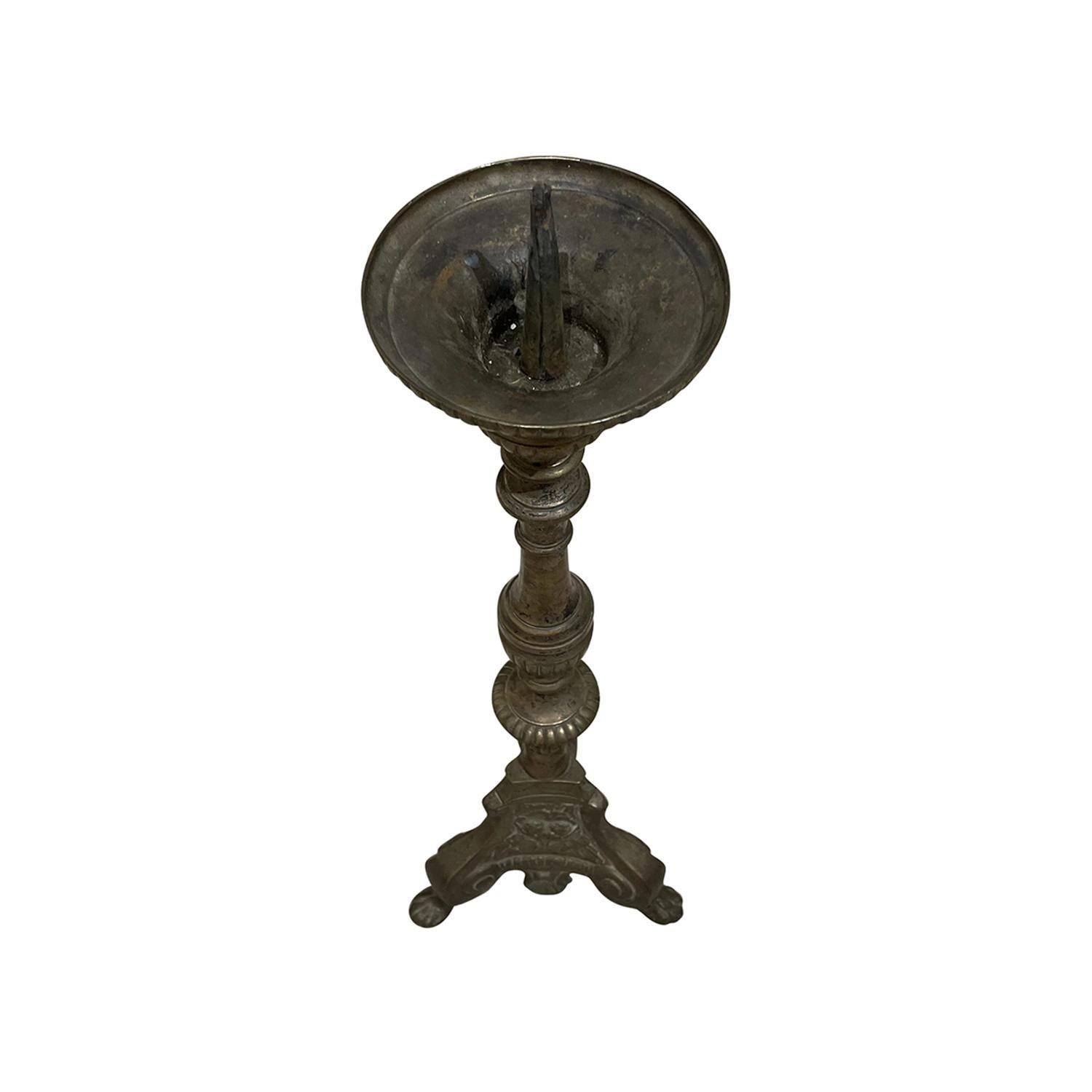 Metal 18th Century Italian Bronze Altar Candle Holder - Antique Single Stick For Sale