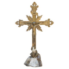 18th Century Italian Bronze-Gold Crucifix Mounted on a Crystal Geode